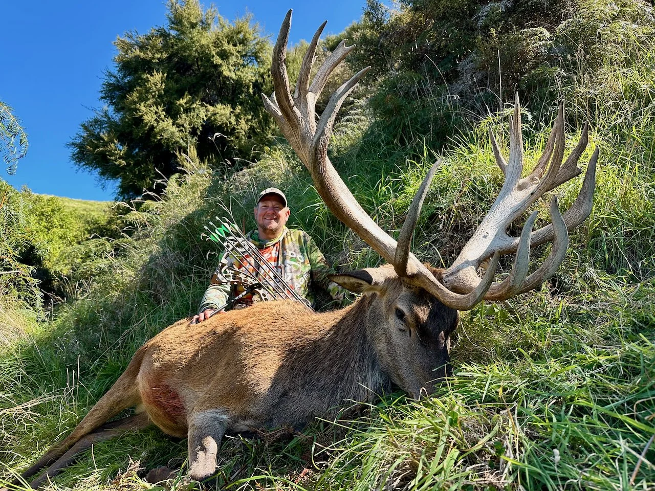 A man sitting next to a large, fallen elk with antlers, smiling, in a grassy outdoor setting under a clear blue sky.