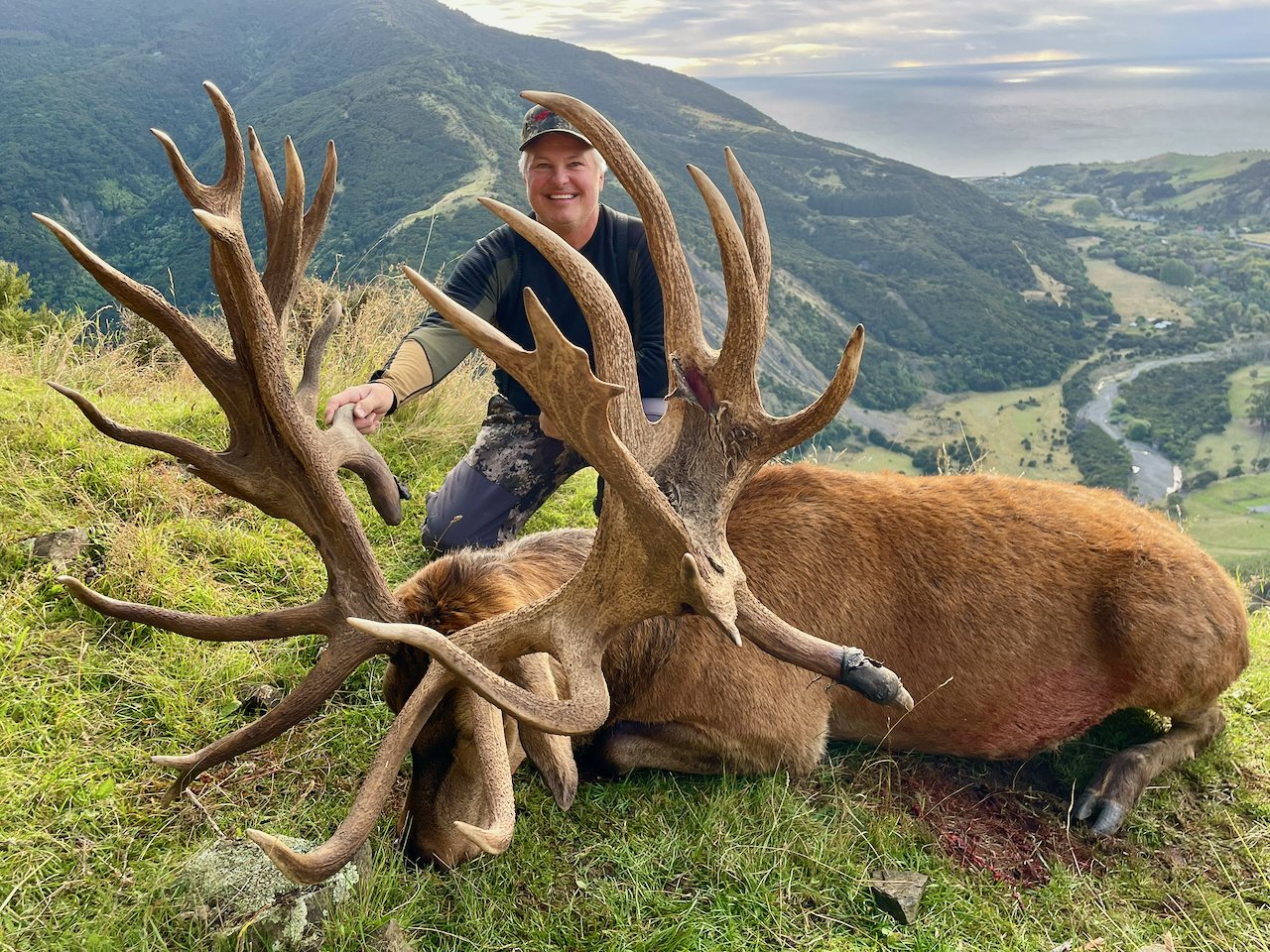 A man kneeling on grass in front of a large dead elk with impressive antlers, in a hilly landscape with mountains and a cloudy sky in the background.