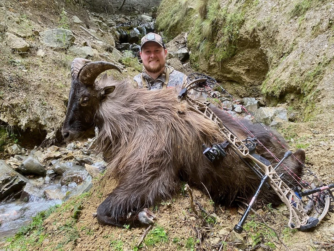 A man kneeling next to a large dead goat with a bow and arrow, in a rocky, forested area beside a small stream.