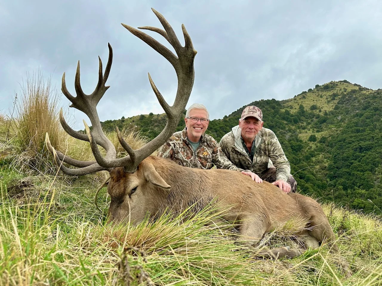 Two hunters kneel behind a large elk with big antlers, lying on grass in a hilly, green landscape under cloudy sky.