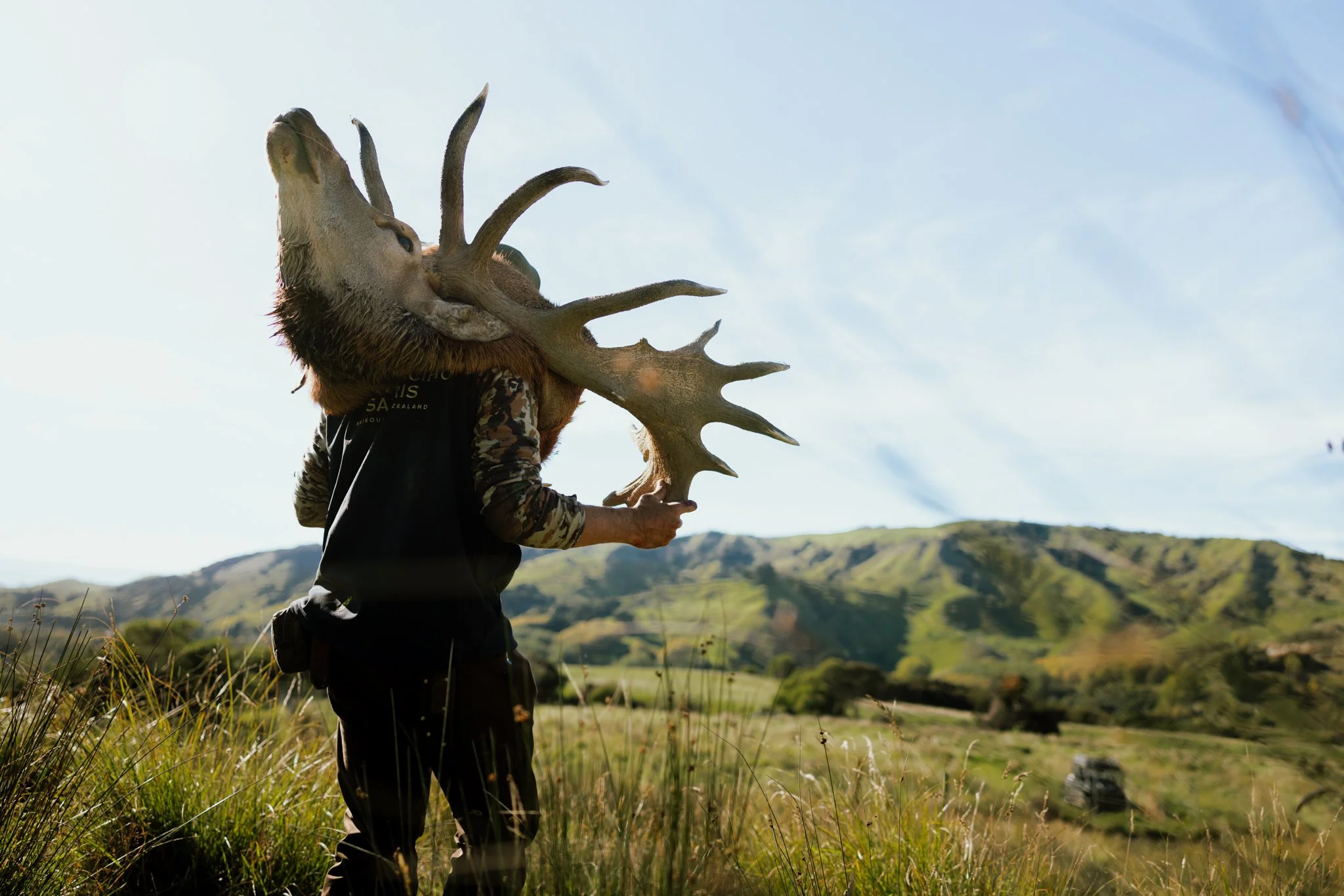 A person in outdoor clothing carrying a large deer antler, standing in a grassy field with rolling hills in the background, under a partly cloudy sky.