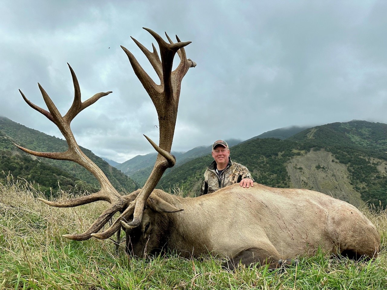 A man in camouflage clothing sitting next to a large, deceased elk with impressive antlers, in a grassy field with mountains and cloudy sky in the background.