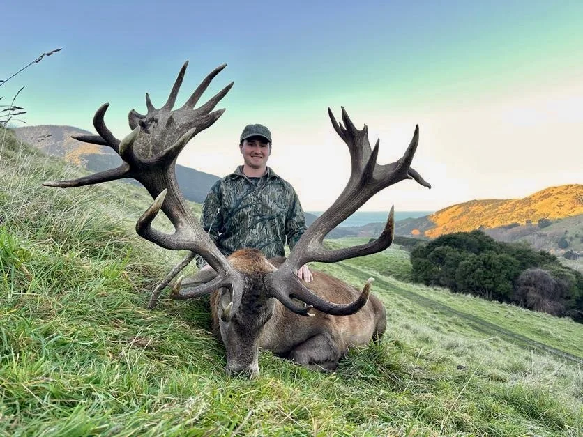 A young man in camouflage clothing sitting on a grassy hillside with a large elk, featuring impressive antlers, lying in front of him during sunset or sunrise in a rural landscape.