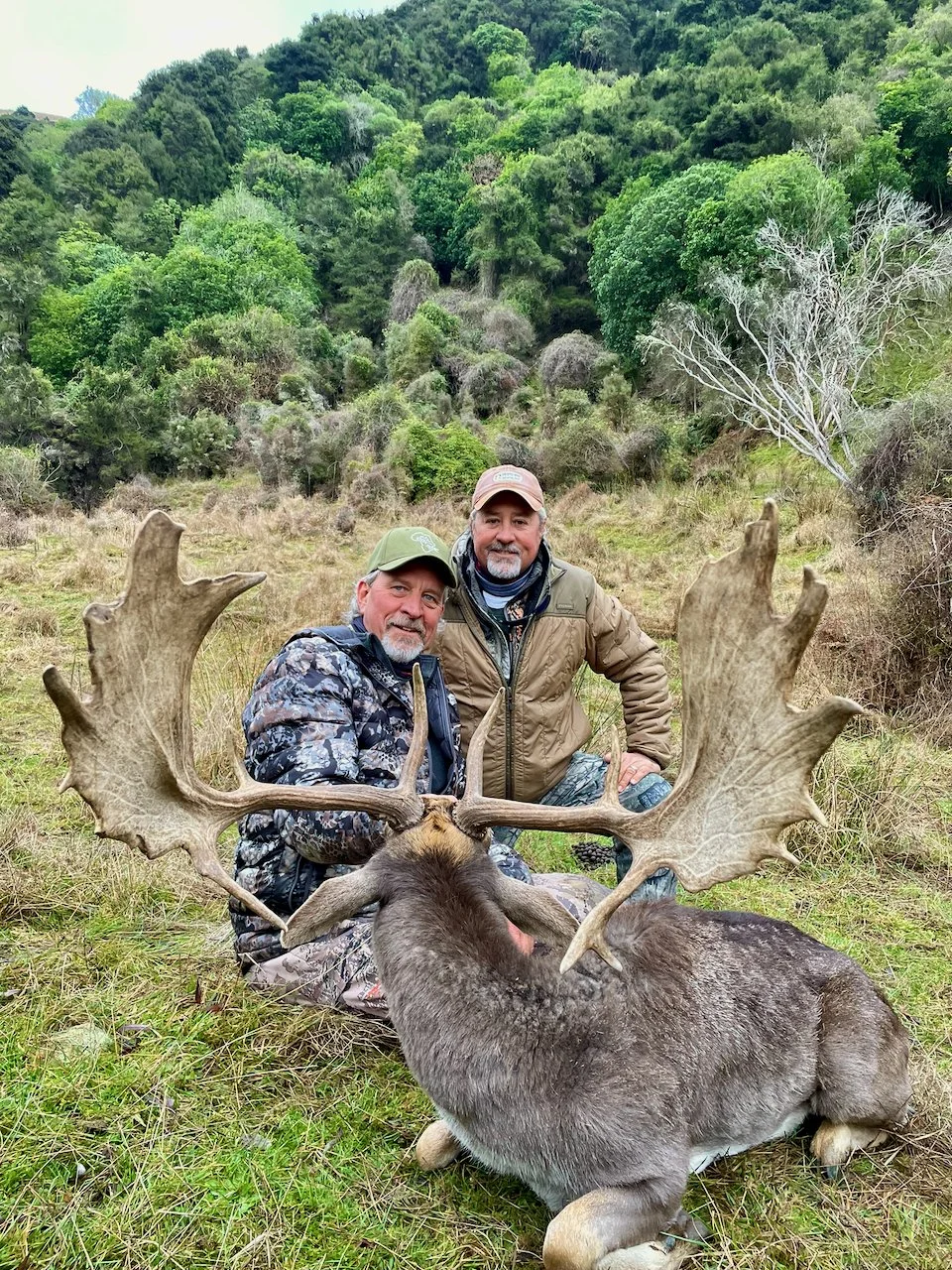 Two men kneeling in a grassy field with a large moose, which they have hunted. The moose is lying on the ground with impressive antlers, and the men are smiling, dressed in outdoor hunting gear, with a forested hillside in the background.