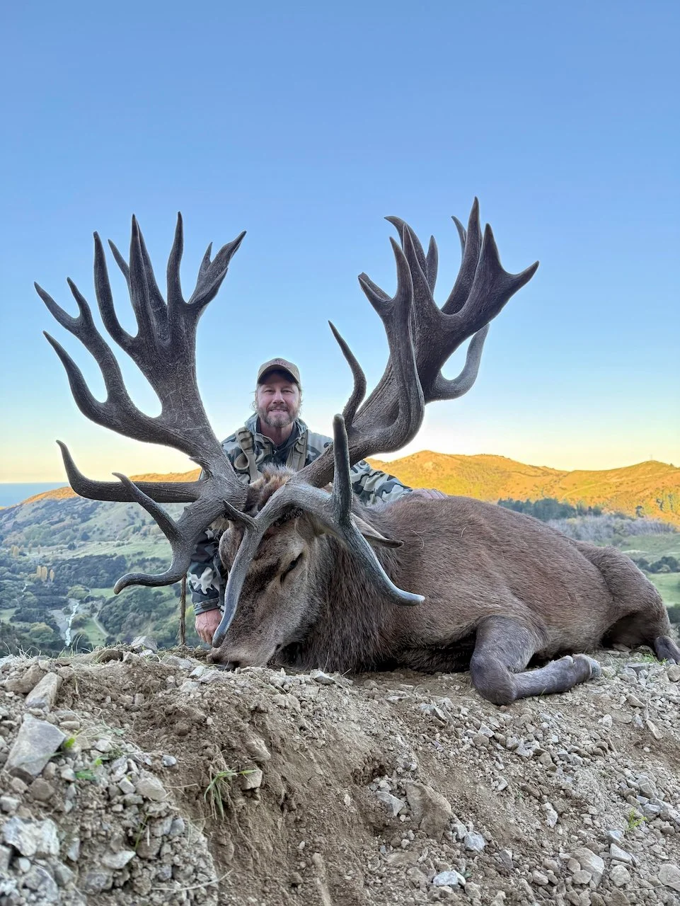 A man in camouflage clothing kneels behind a large, dead elk with impressive antlers, lying on the ground in a rural landscape during sunset or sunrise.