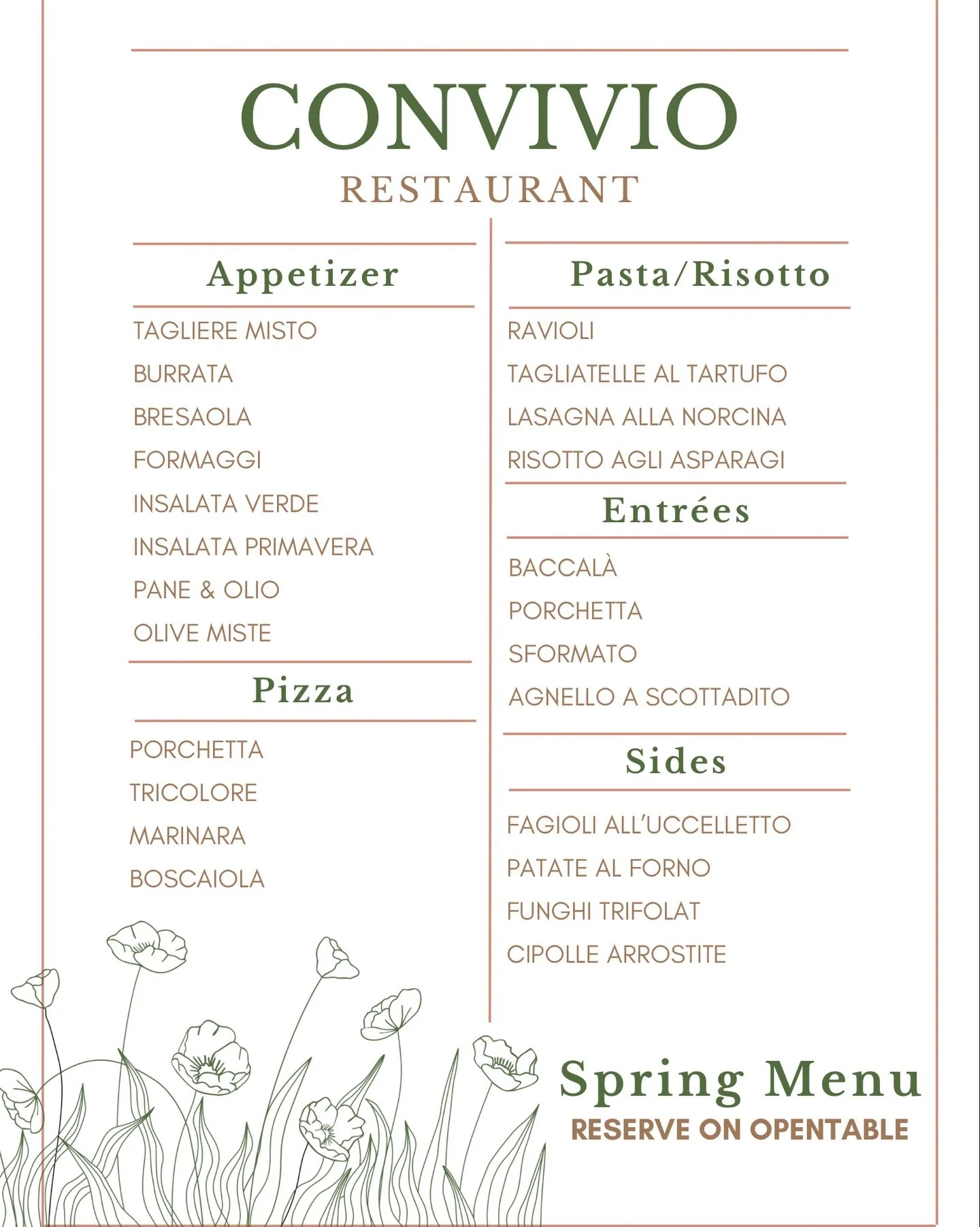 Spring Menu is out and the patio is open. 
Reserve on OpenTable.

🍋 Ravioli: spinach, lemon zest, nutmeg and ricotta filling, butter, sage and parmigiano reggiano sauce 

🌿Agnello a scottadito: all natural rack of lamb, rosemary potatoes, yogurt an