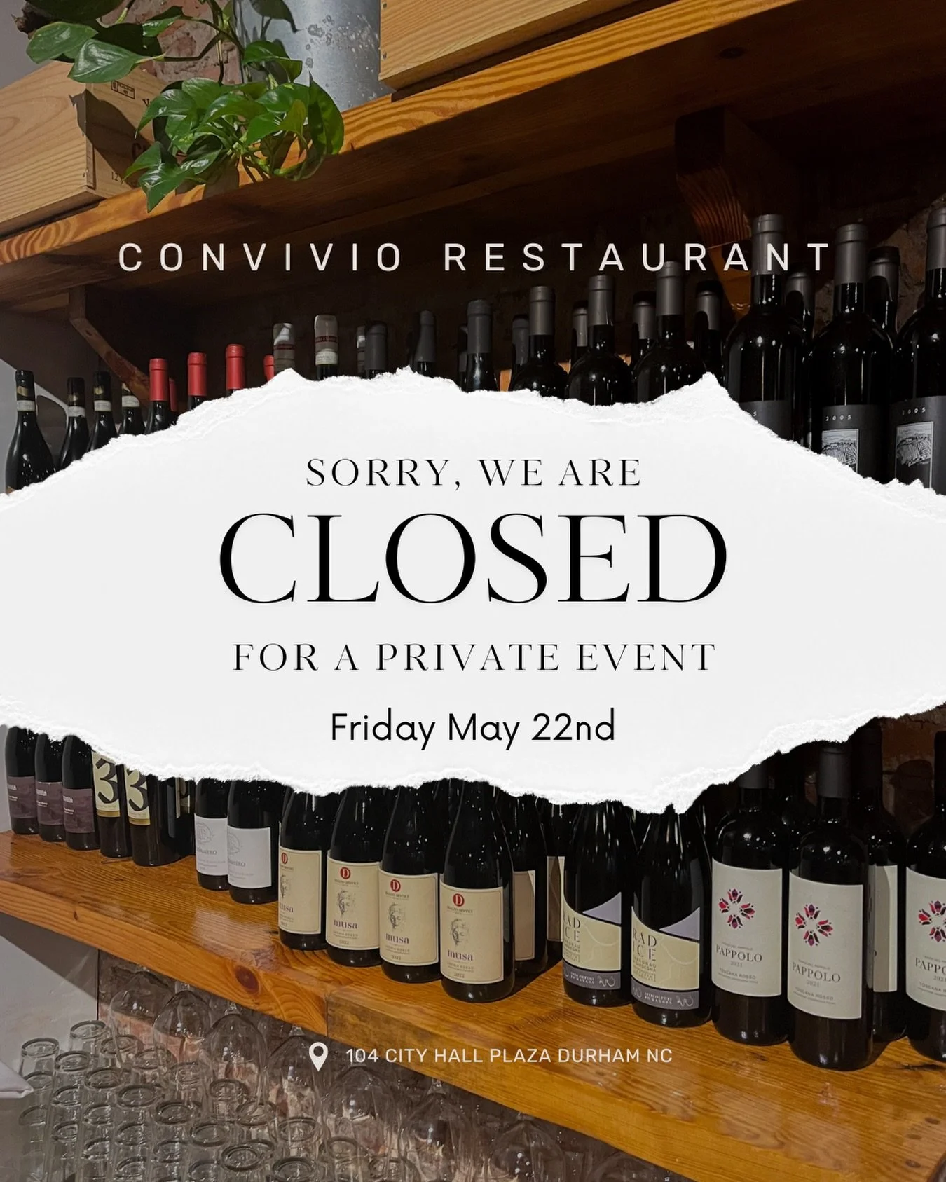 We will be closed Friday 5/22 for a private event.

This week we are open from 5-9pm on Wednesday, Thursday and Saturday. Reserve on OpenTable.