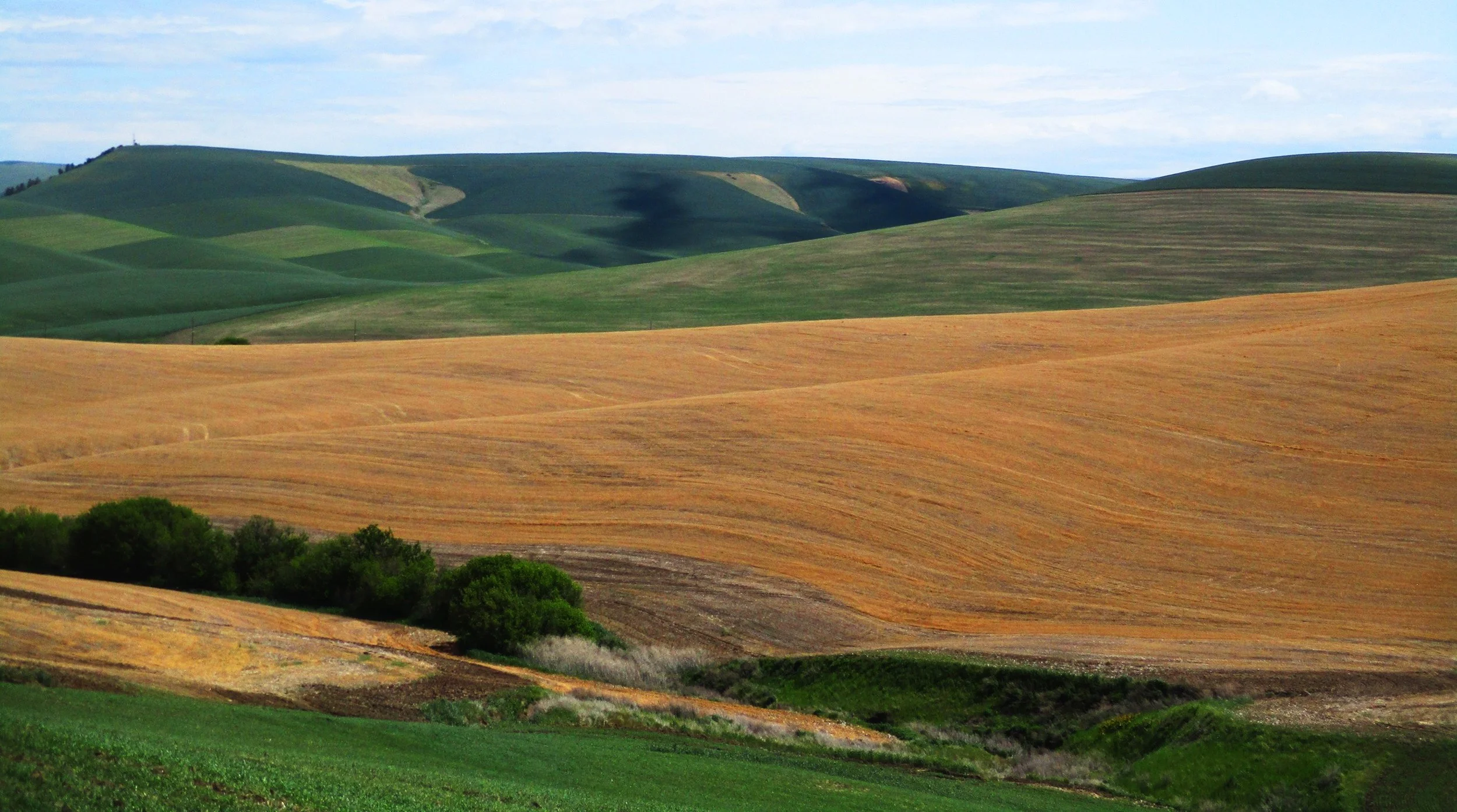 Rolling hills with patches of green and brown fields under a partly cloudy sky.