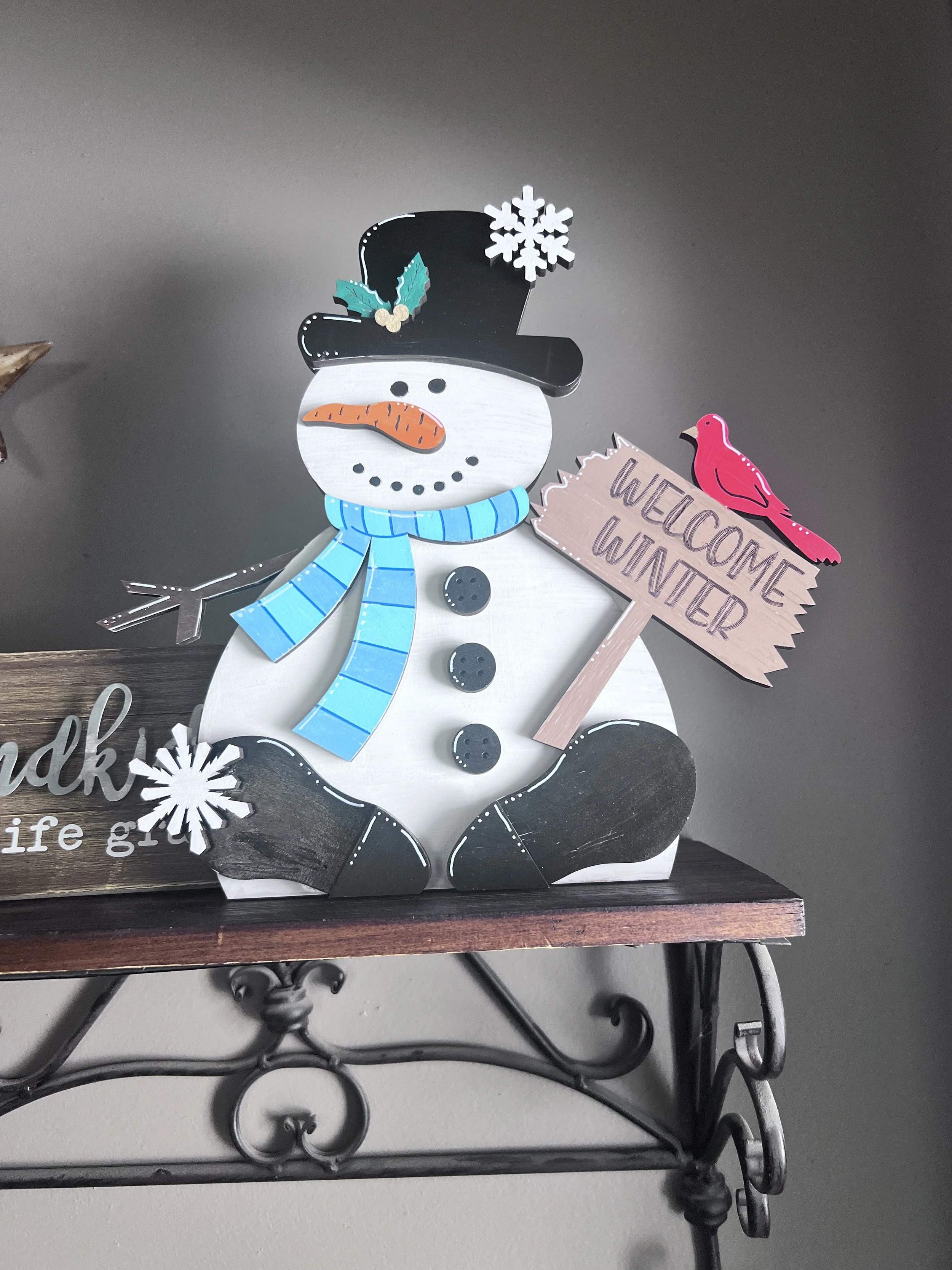 Charming Snowman Shelf Sitter with Welcome Winter Sign