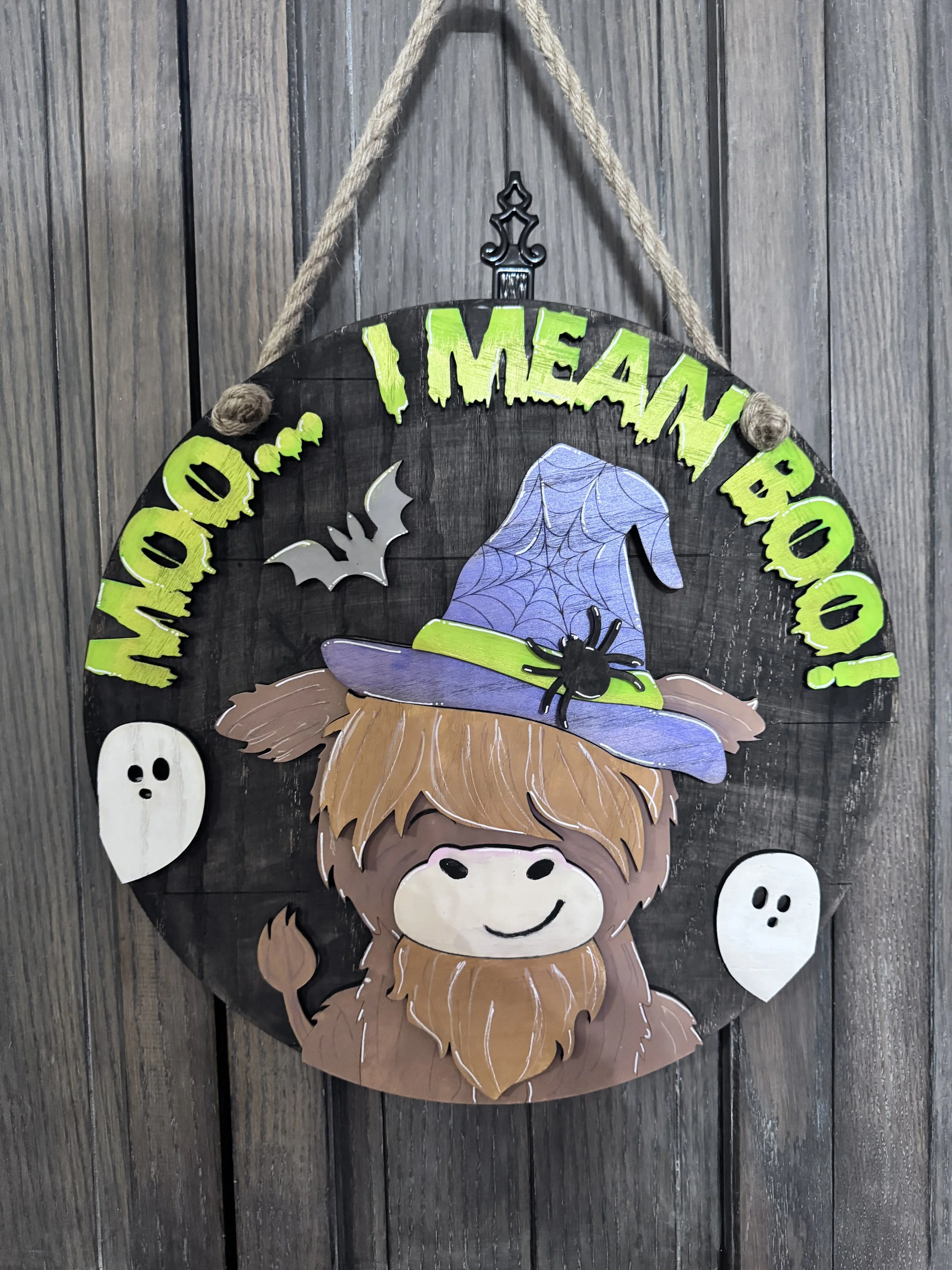 'Moo...I Mean Boo!' Highland Cow Halloween Door Hanger