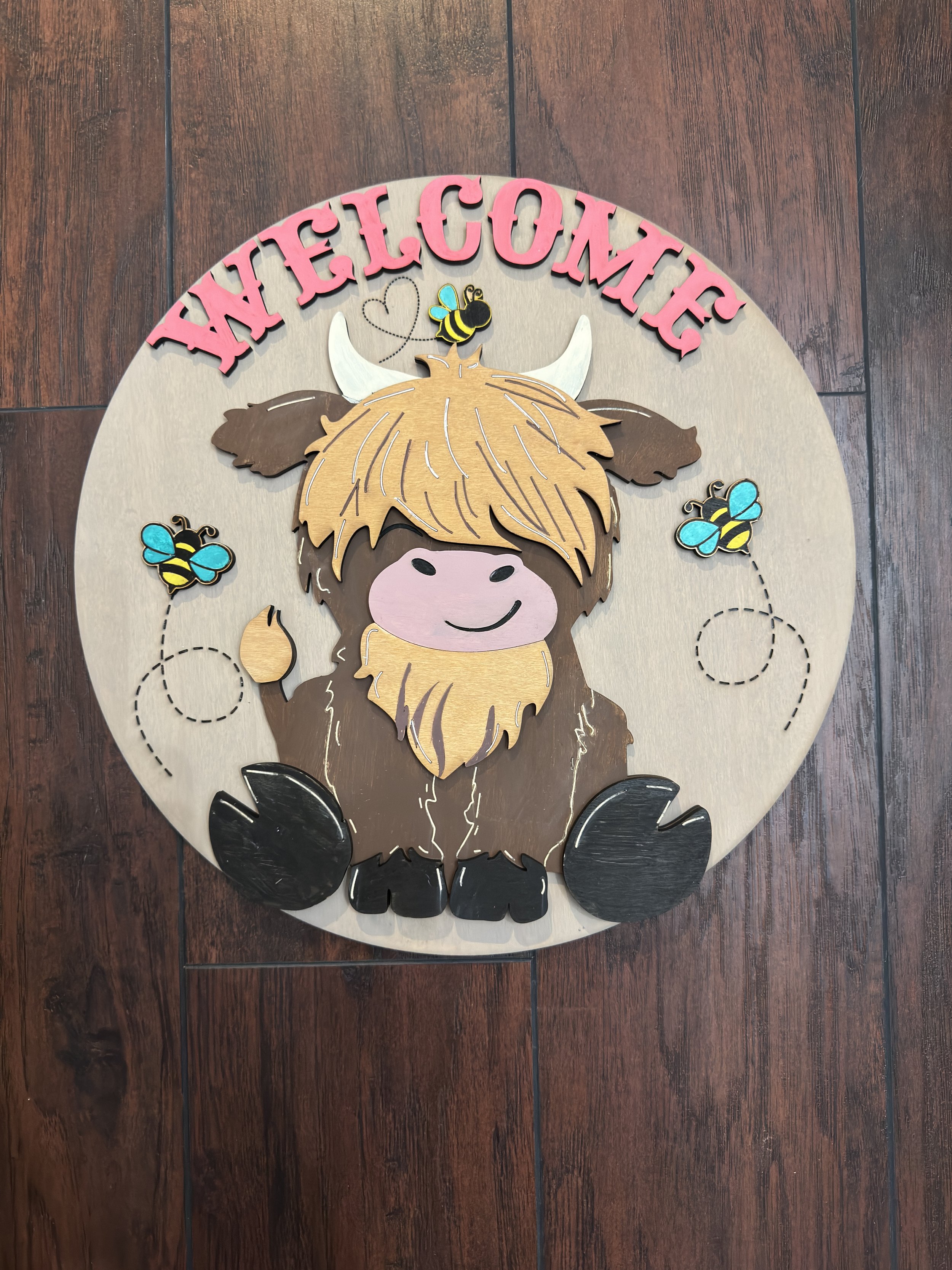 Highland Cow & Bees Welcome Door Hanger