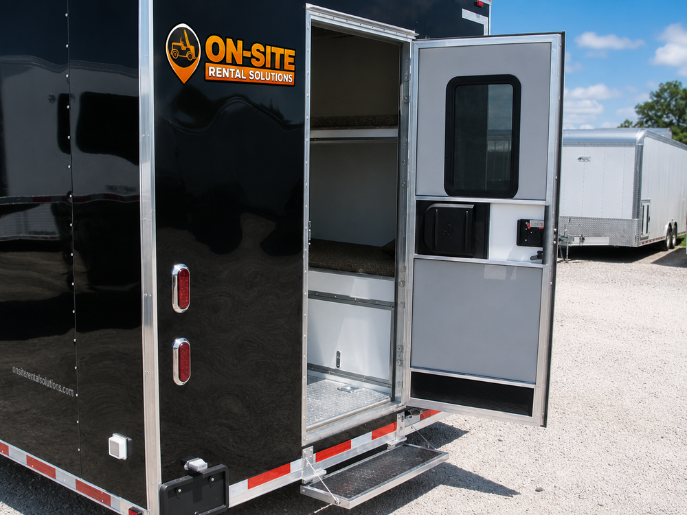 Exterior rear entry door of a self-contained On-Site bunkhouse trailer