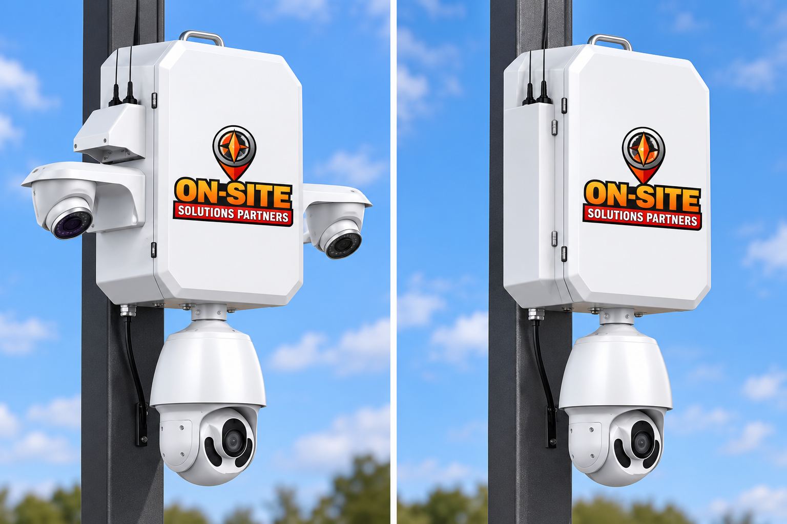 On-Site branded pole-mounted AI camera units with PTZ and fixed cameras, side by side