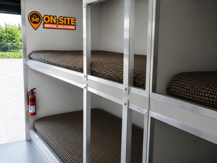 Aluminum-frame bunks inside a bunkhouse trailer with mounted fire extinguisher and emergency lighting