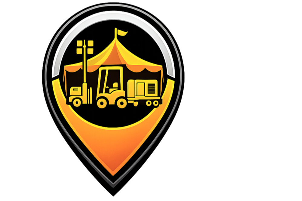 A logo featuring a circus tent with a yellow flag, and three yellow construction or industrial vehicles underneath, all inside a map pin-shaped outline with orange and black colors.