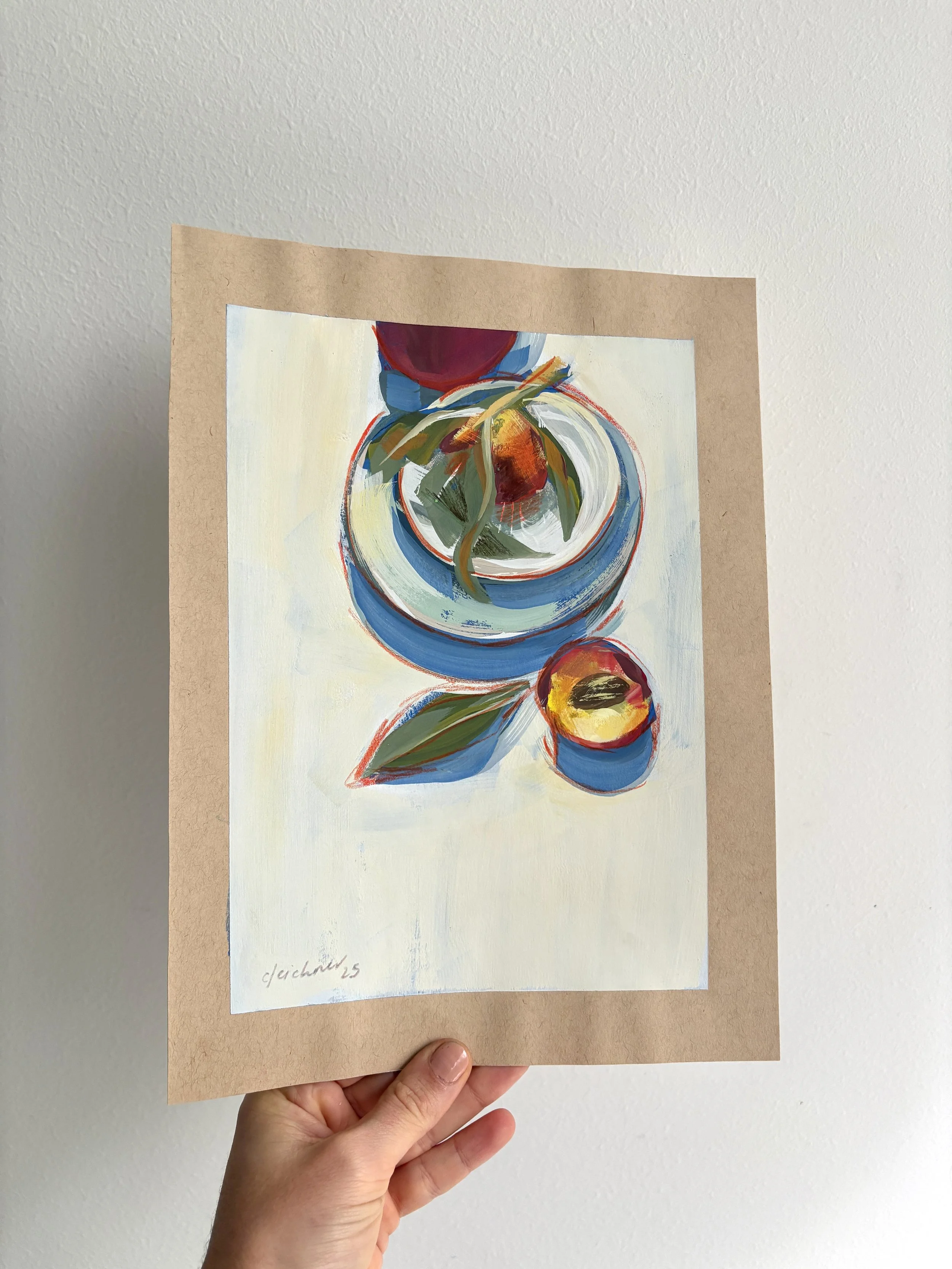 "Duraznos", goauche and oil pancils on toned paper, 2025- 28 x 20,5 (11" x 8") .jpg