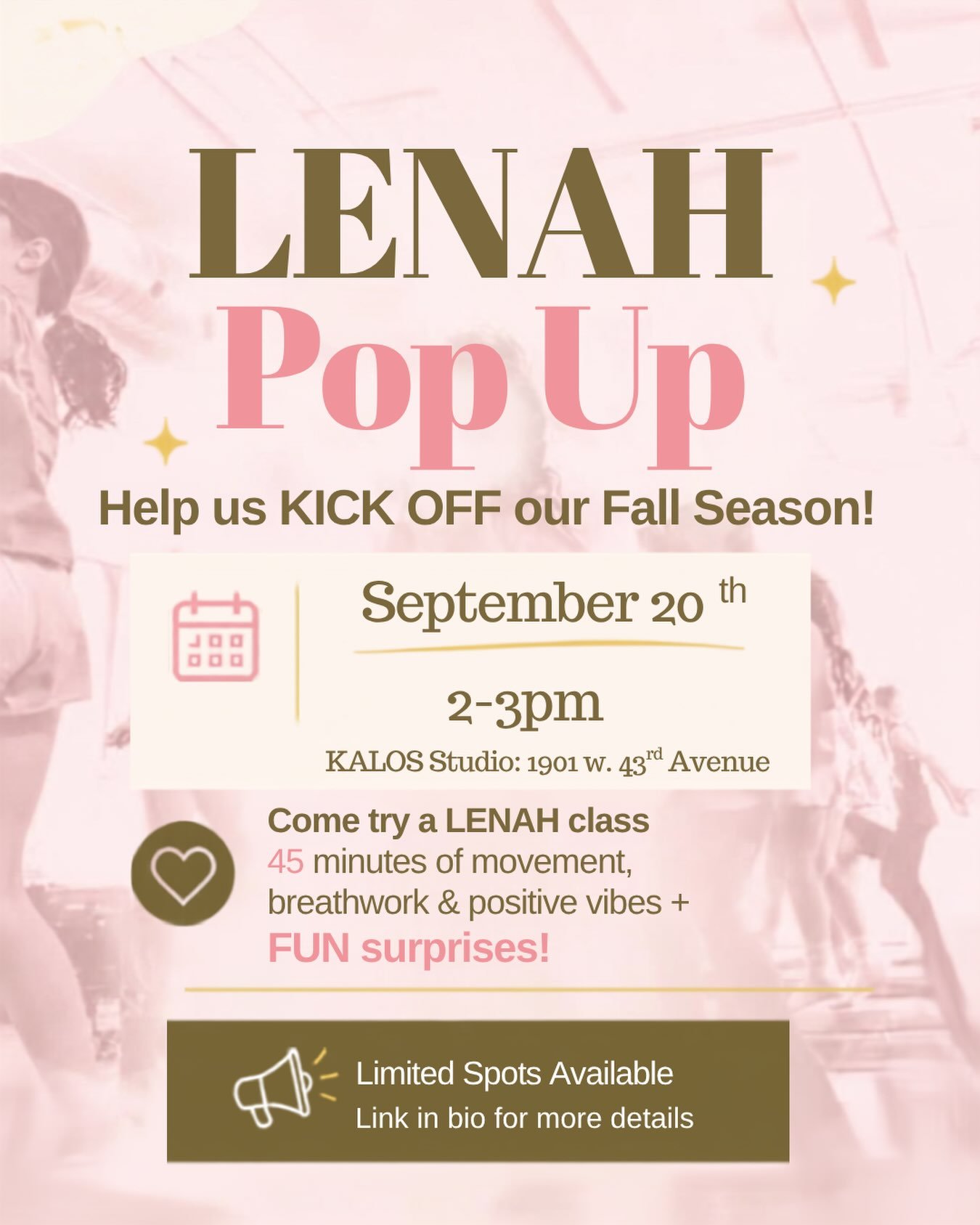 LENAH is popping up! ✨

Come kick off our fall season with us on September 20th. You do not need to be registered for fall classes to attend. ALL are welcome! 

45 minutes of movement, breathwork, connection and FUN, plus a few surprises. 🎉

Come se