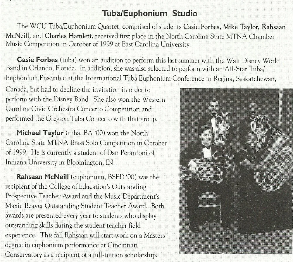 Alumni magazine write-up on the tuba/euphonium studio, 2000