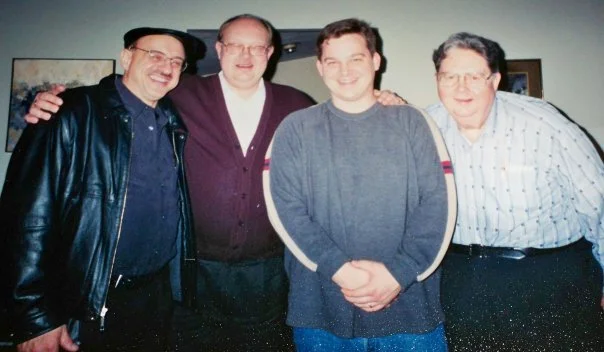 Post dinner photo with Mr. P, Michael Lind, and Mr. Phillips at the Tuba Ranch, 2002