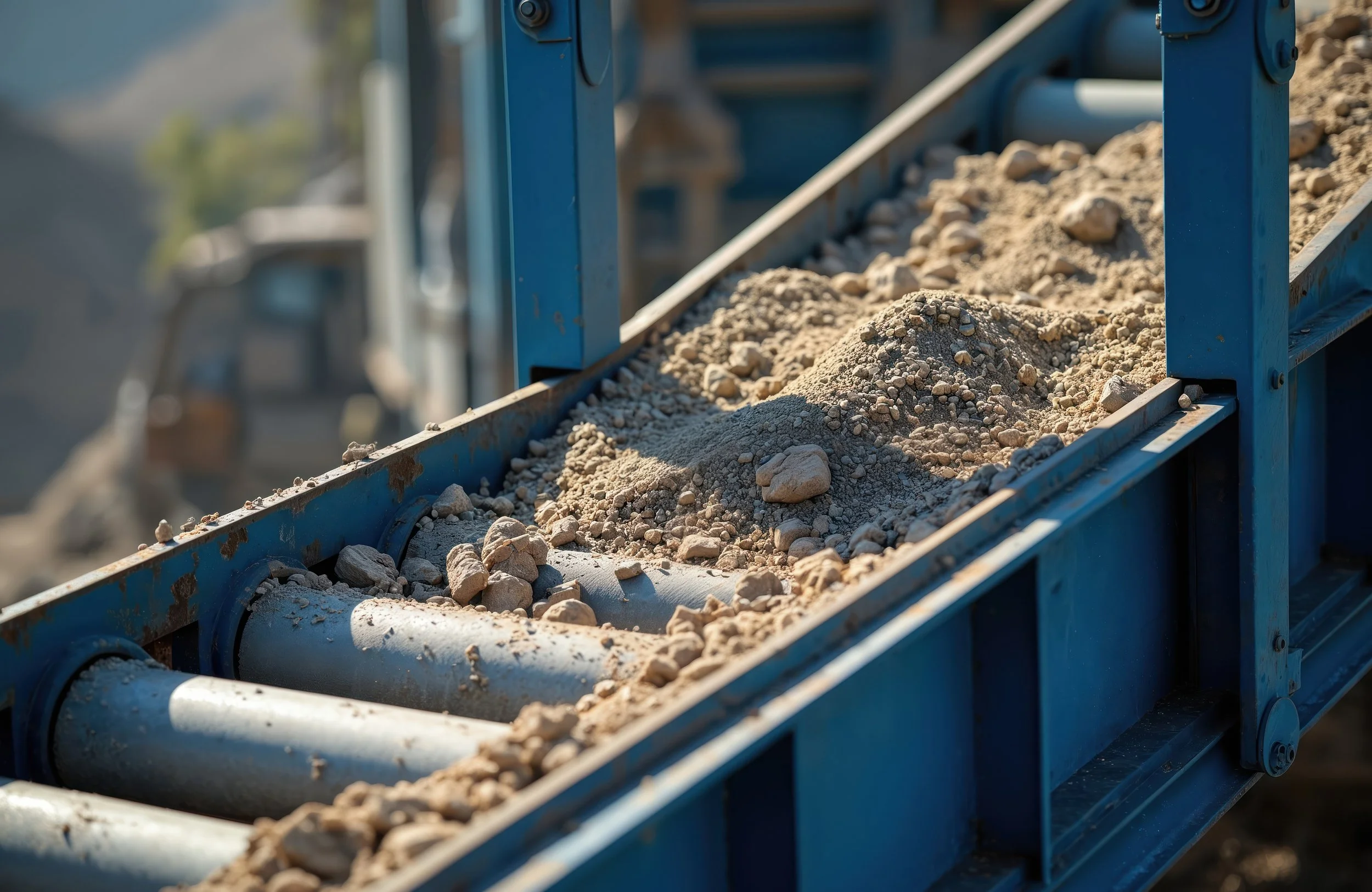 Close-up view of rocks and dirt on a conveyor belt at a construction site.