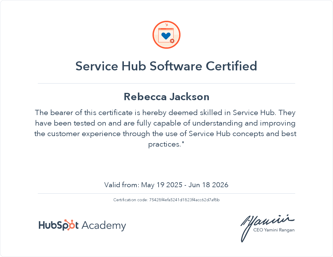 Certification certificate for Service Hub Software, awarded to Rebecca Jackson, certified by HubSpot Academy, valid from May 19, 2025, to June 18, 2026, with signature of CEO Yamini Rangan.