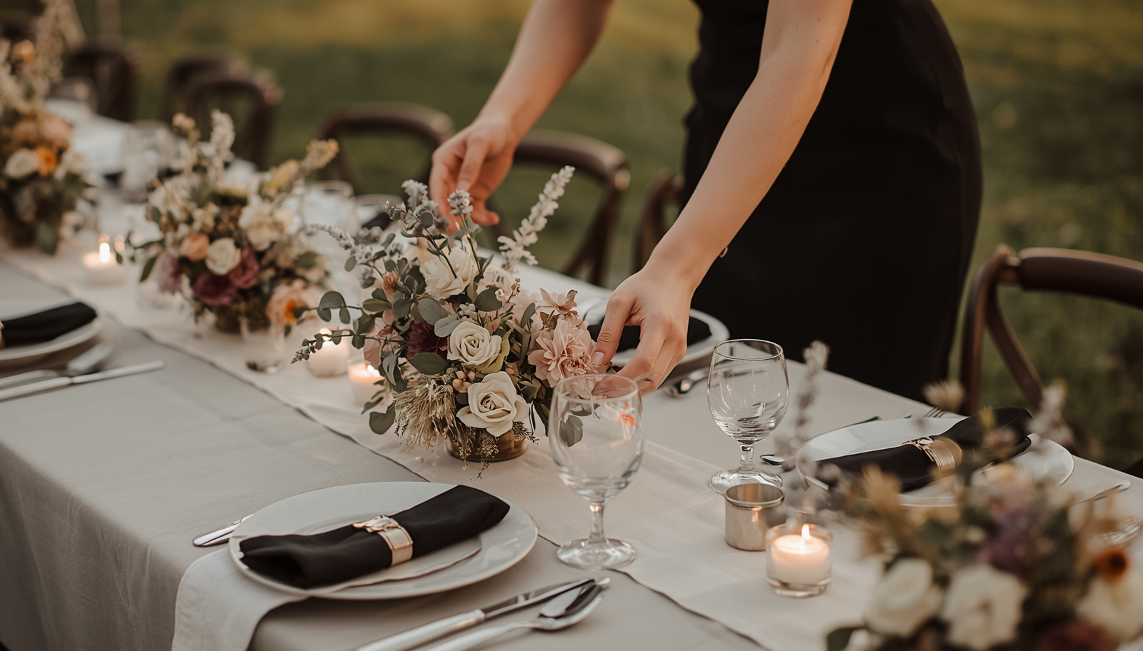 Person arranging floral centerpiece on an outdoor dining table decorated with candles and elegant table settings