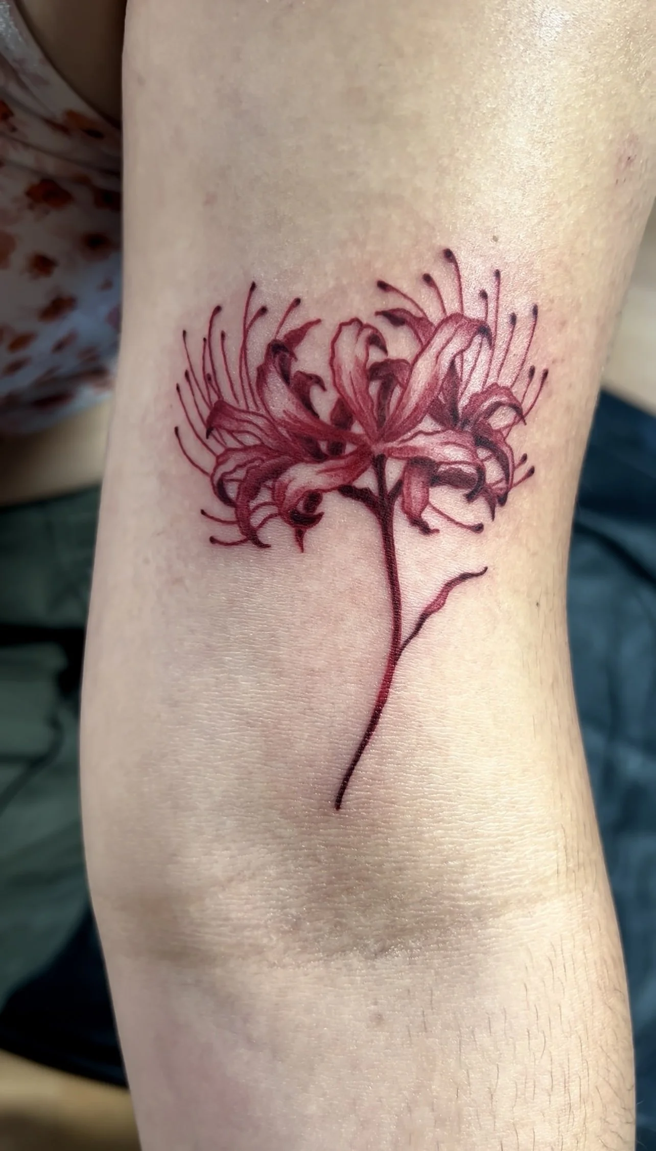 Tattoo of a detailed pink and red orchid flower on a person's arm.