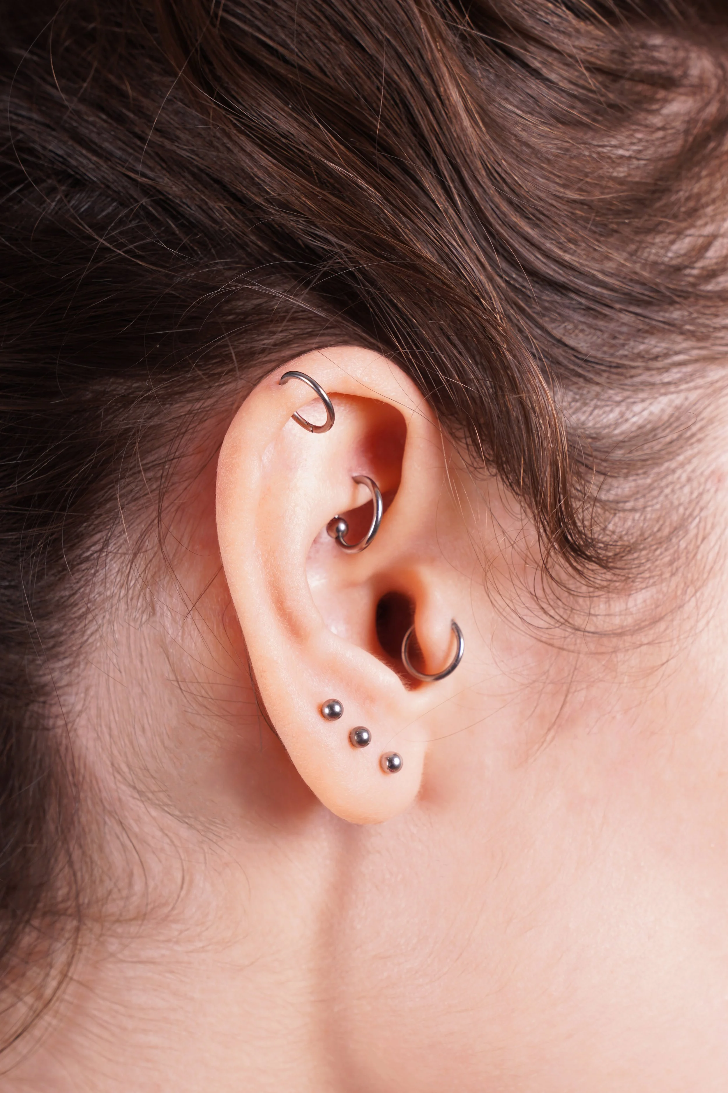 Close-up of a person's ear adorned with multiple silver piercings, including a hoop on the helix, a hoop on the conch, and three small balls on the earlobe. The person has brown hair and light skin.