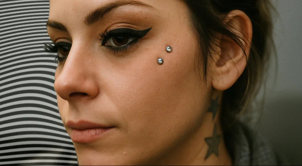 Close-up of a woman's face with winged eyeliner, piercings near her eye, and star tattoos on her neck, with a black and white striped background.