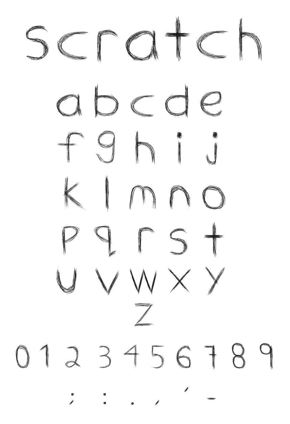 Hand-drawn alphabet and numbers in a sketchy style, including lowercase letters from a to z and digits 0 to 9, along with punctuation marks.