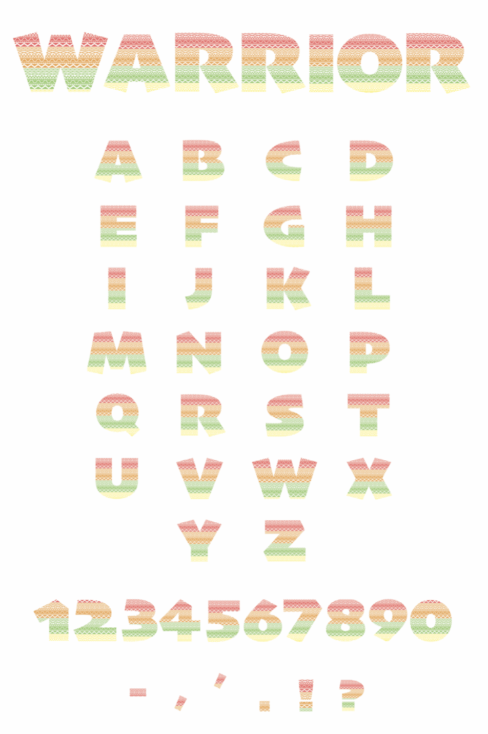 Colorful patterned alphabet and number set with the word "WARRIOR" at the top.