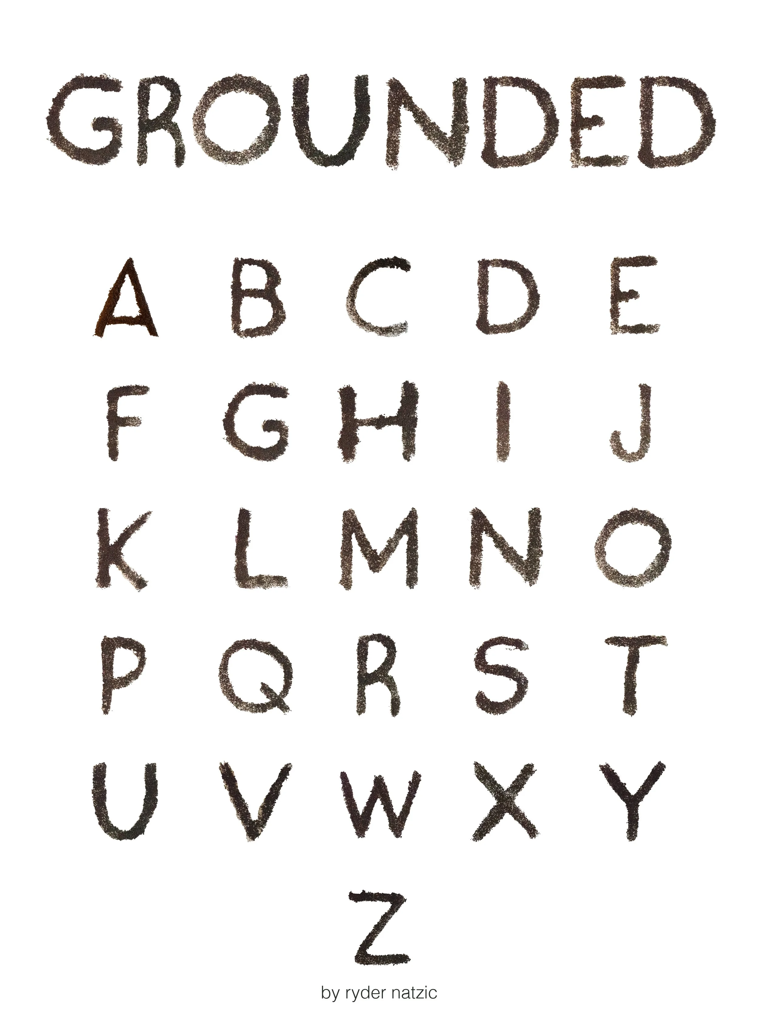 Alphabet chart with the title 'GROUNDED' at the top, displaying uppercase letters A to Z against a white background. The chart appears to be handwritten with a textured brush style.