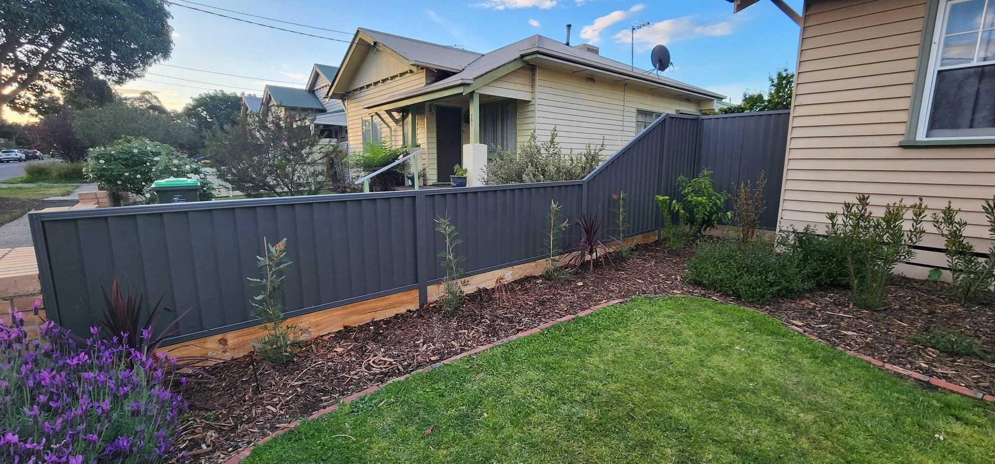 View of a backyard with a grassy lawn, a garden bed with purple flowers and plants, a gray metal fence, and houses in the background under a partly cloudy sky.