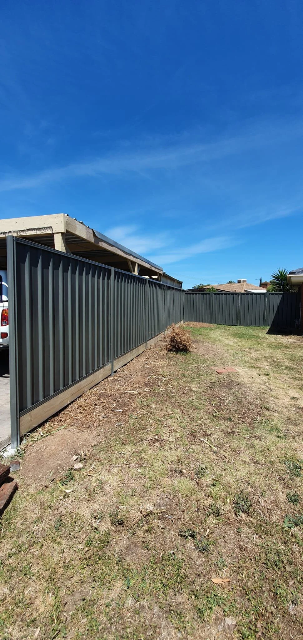 A backyard with a metal fence, patchy grass, a small bush, and clear blue sky.
