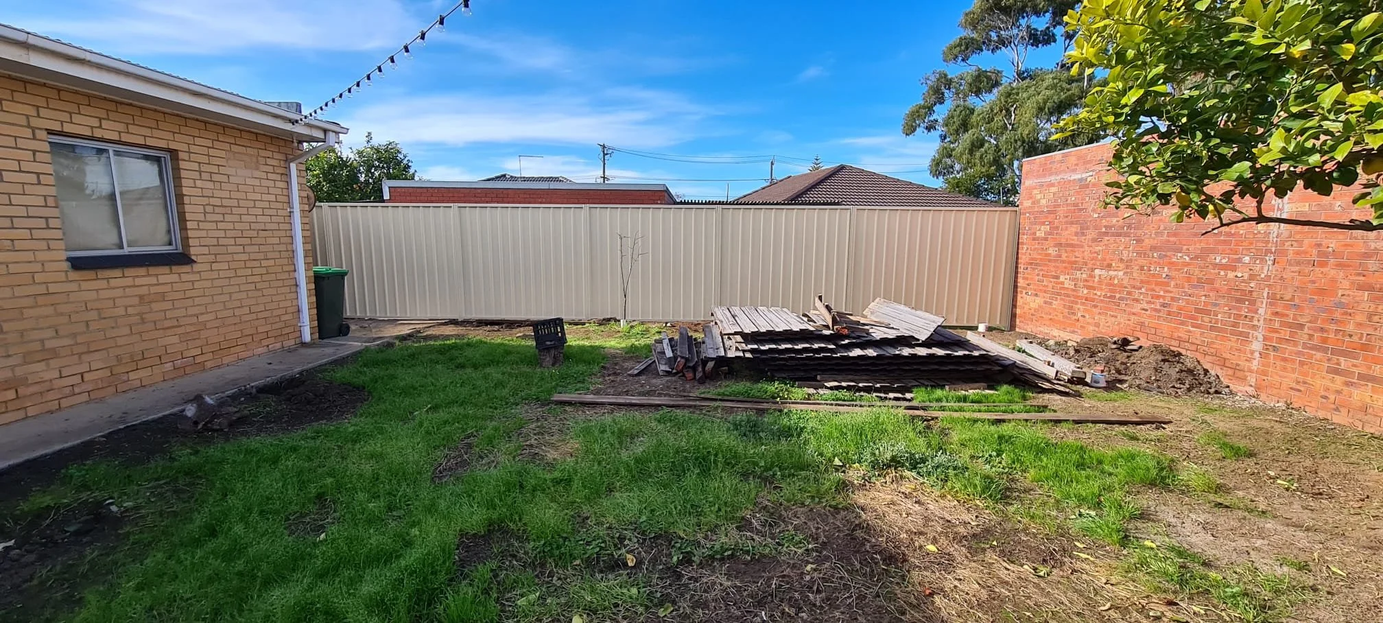 Backyard with green grass, a pile of wooden planks, a small leafless tree, a brick house on the left with a window, a beige fence in the background, and a red brick wall on the right. Overhead string lights are hanging across the yard, and there are 