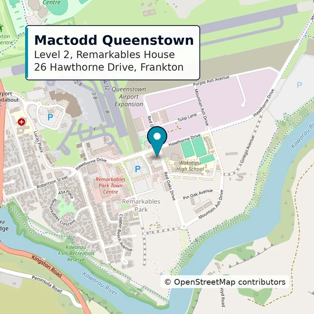 Map showing Mactodd Lawyers Queenstown office, Level 2, Remarkables House, 26 Hawthorne Drive, Frankton