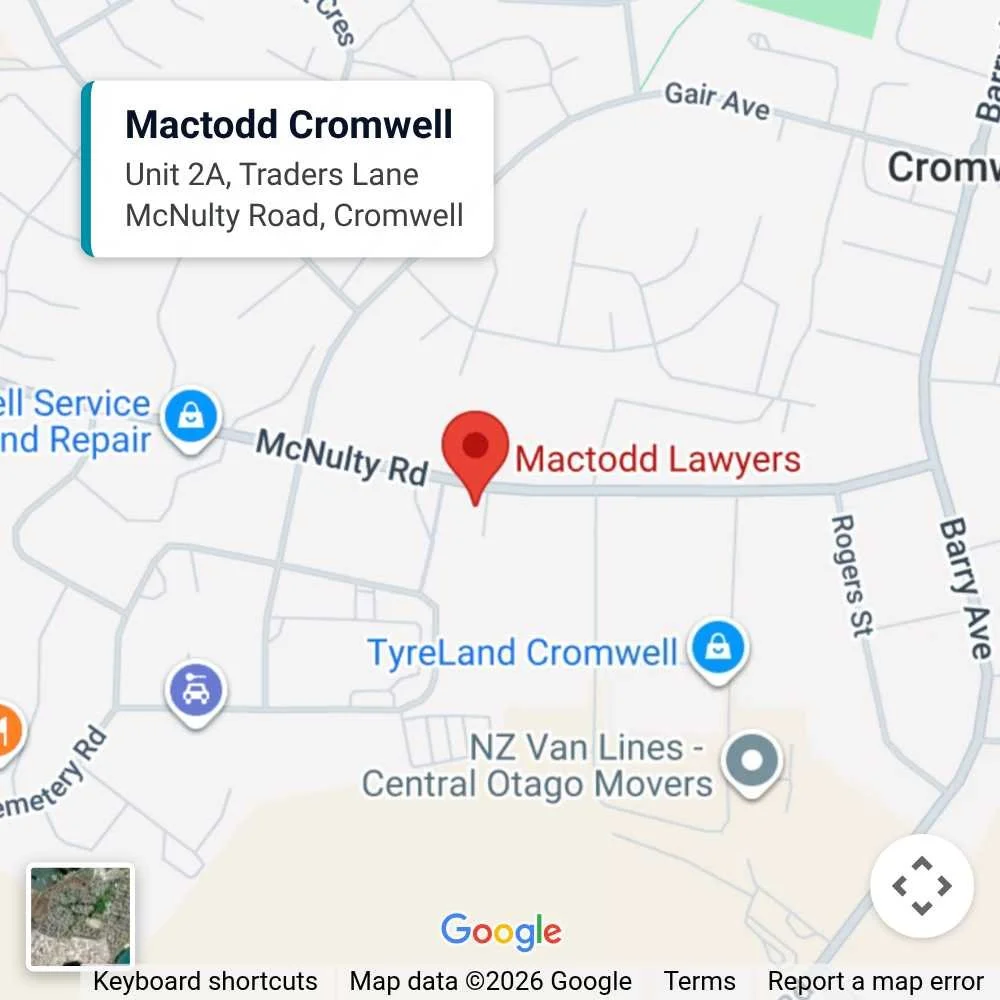 Map showing Mactodd Lawyers Cromwell office, Unit 2A, Traders Lane, McNulty Road, Cromwell