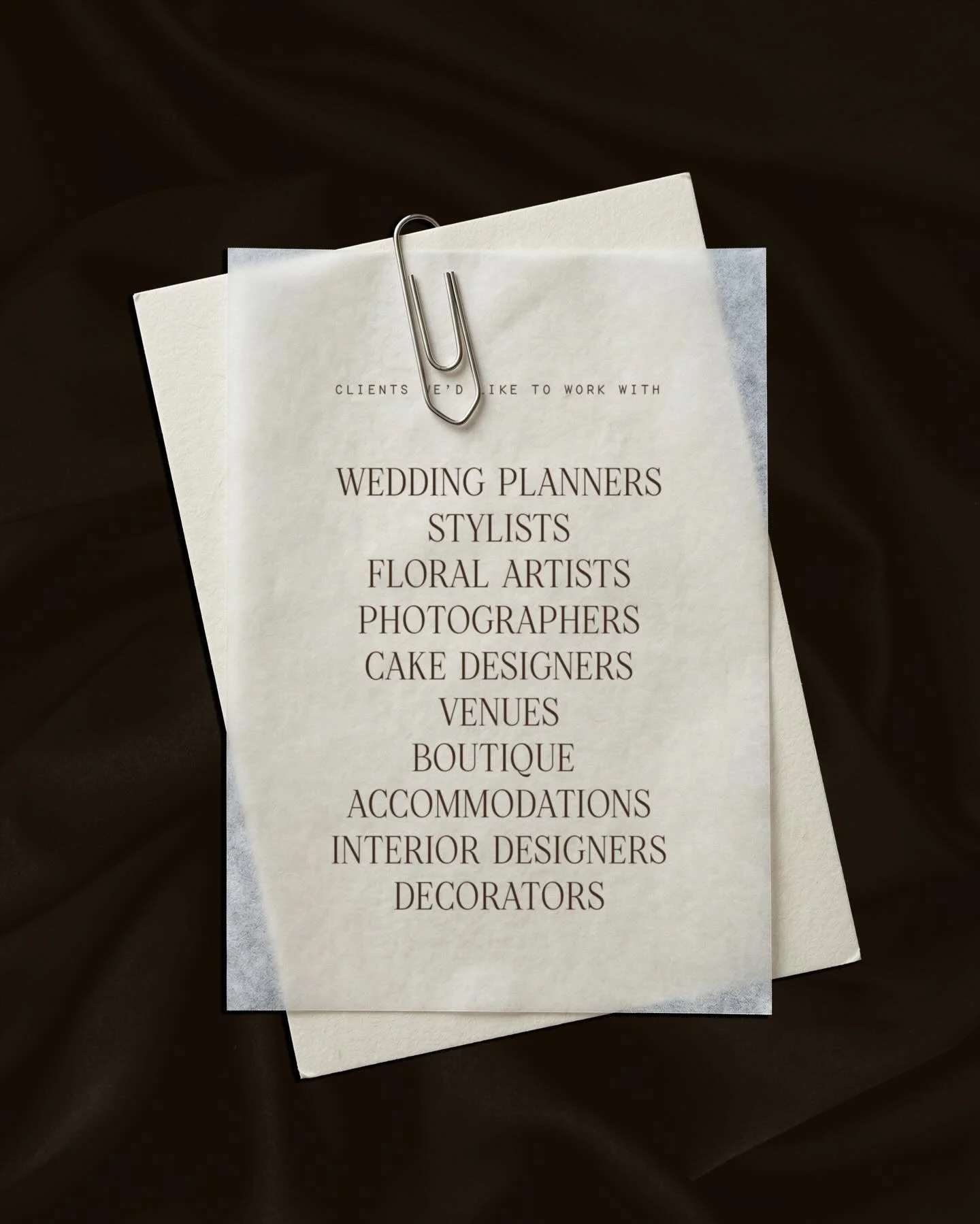 Clients we&rsquo;d like to work with 🐣

🍋 WEDDING PLANNERS
🍋 STYLISTS
🍋 FLORAL ARTISTS
🍋 PHOTOGRAPHERS
🍋 CAKE DESIGNERS
🍋 VENUES
🍋 BOUTIQUE ACCOMMODATIONS
🍋 INTERIOR DESIGNERS
🍋 INTERIOR DECORATORS

Ways we can work together 🐣

📍Branding&