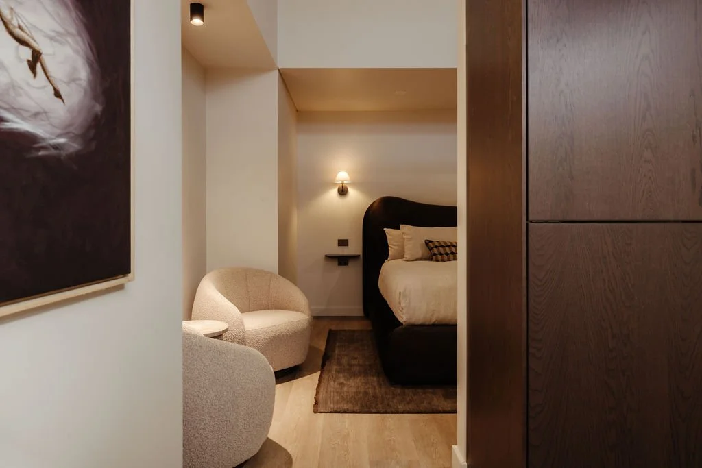 Warm and design-led studio at Sola Studios Margaret River with king bed, lounge seating, boutique lighting and calming interiors near Margaret River town.