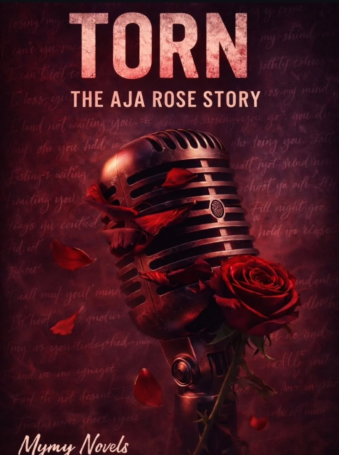 Book cover titled 'Torn: The AJA Rose Story' with a vintage microphone draped with a red rose and rose petals against a dark red background with faint handwritten text.