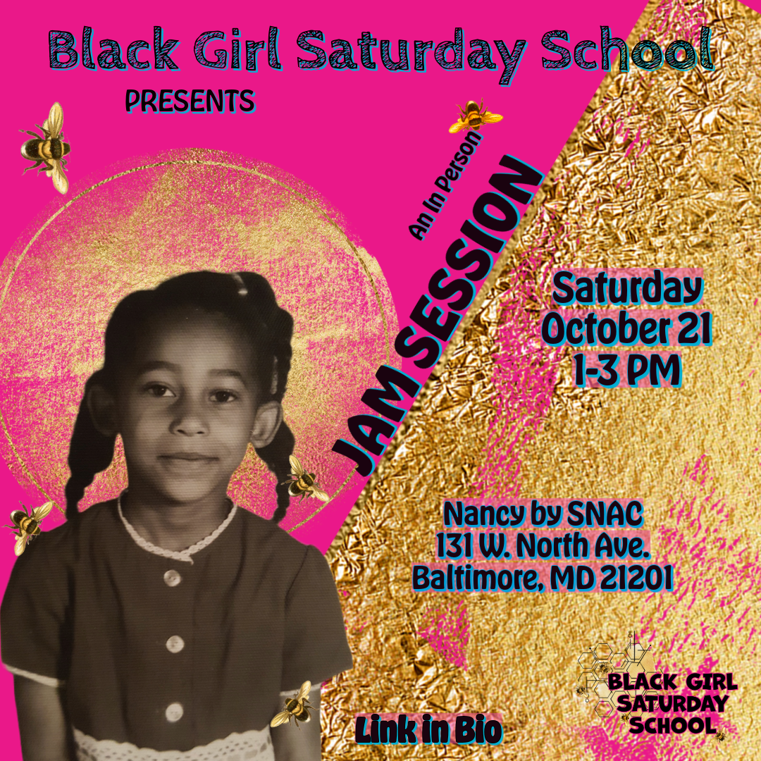 Invitation poster for Black Girl Saturday School event featuring a young girl with braids, gold bees and glittery gold background, pink and blue text, and event details including date, time, location, and a link in bio.