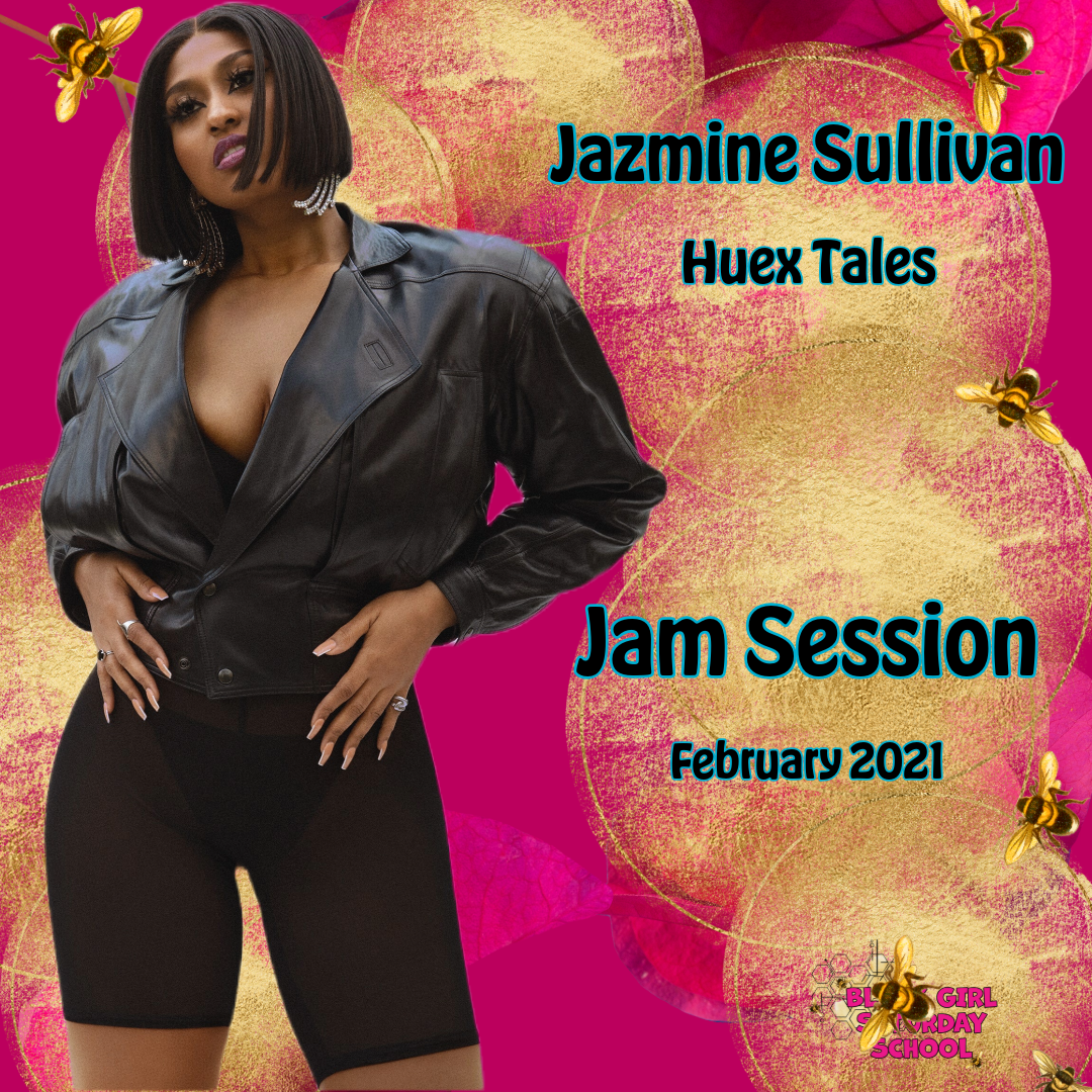A woman with shoulder-length black hair wearing a black leather jacket and black shorts, standing with one hand on her hip against a pink background with gold circles and bee illustrations, promoting Jazmine Sullivan's Huex Tales Jam Session in Febru