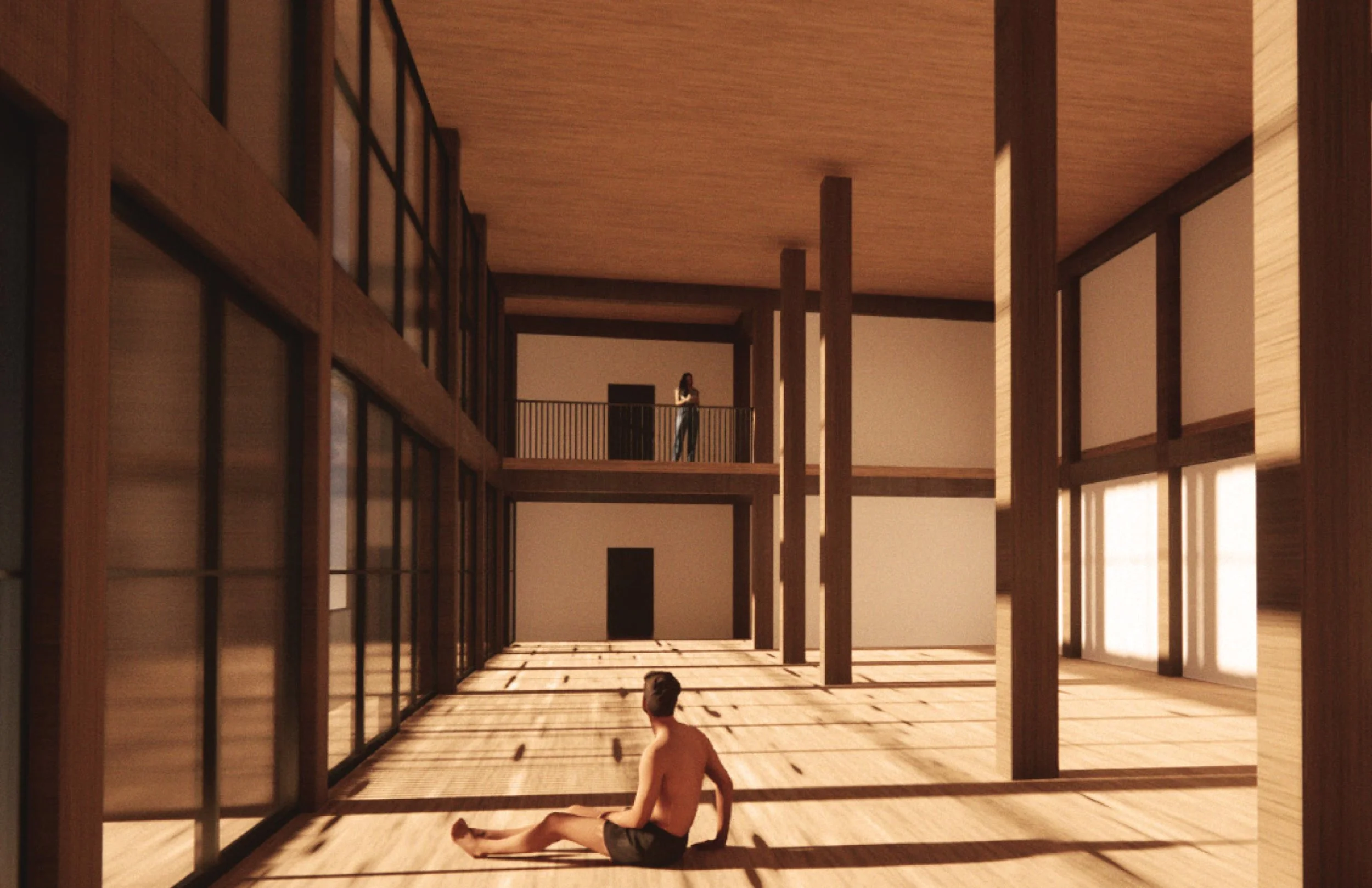 A 3D-rendered interior of a modern, minimalist wooden building with large glass windows and open spaces. A shirtless man is sitting on the floor in the foreground, and a woman is standing on a balcony on the upper level.