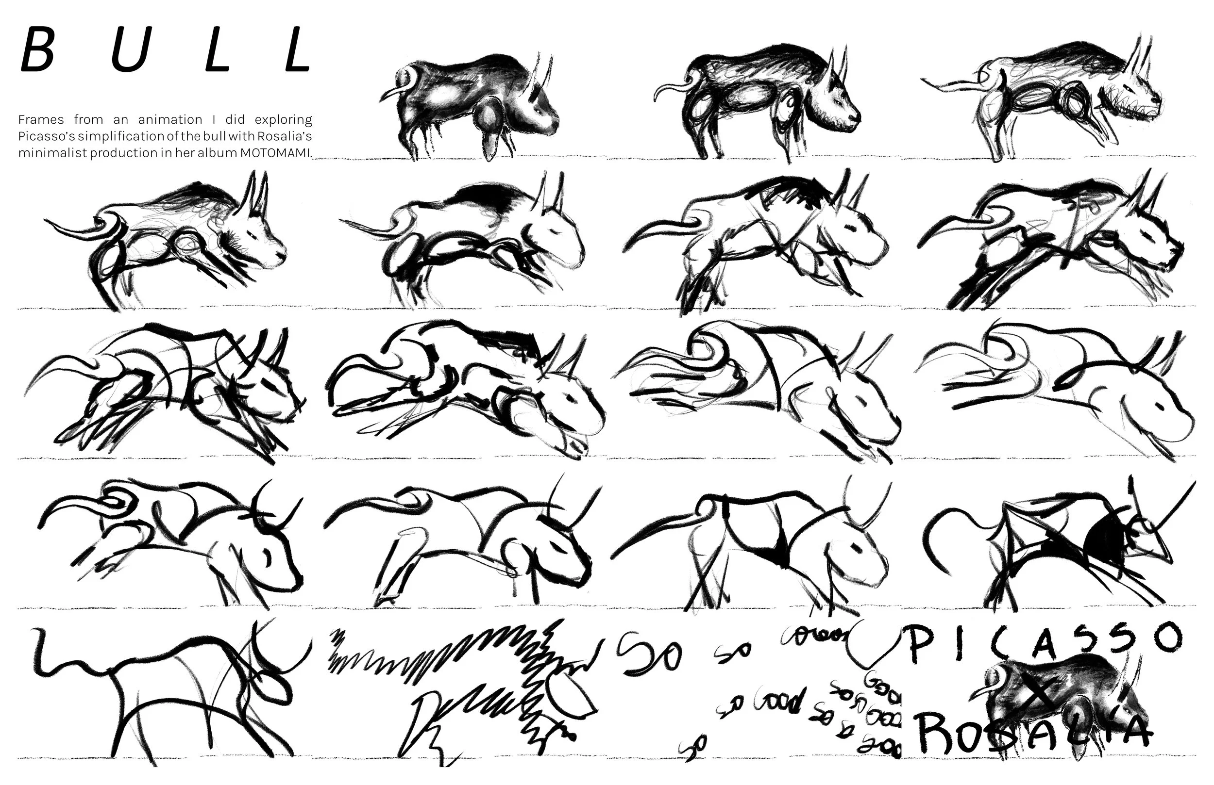 A sequence of black and white sketches showing the development of a minimalistic bull illustration, inspired by Picasso's style, with final text saying 'BULL' and 'PICASSO' and some illustrations of bulls, along with the word 'ROSAURA'.