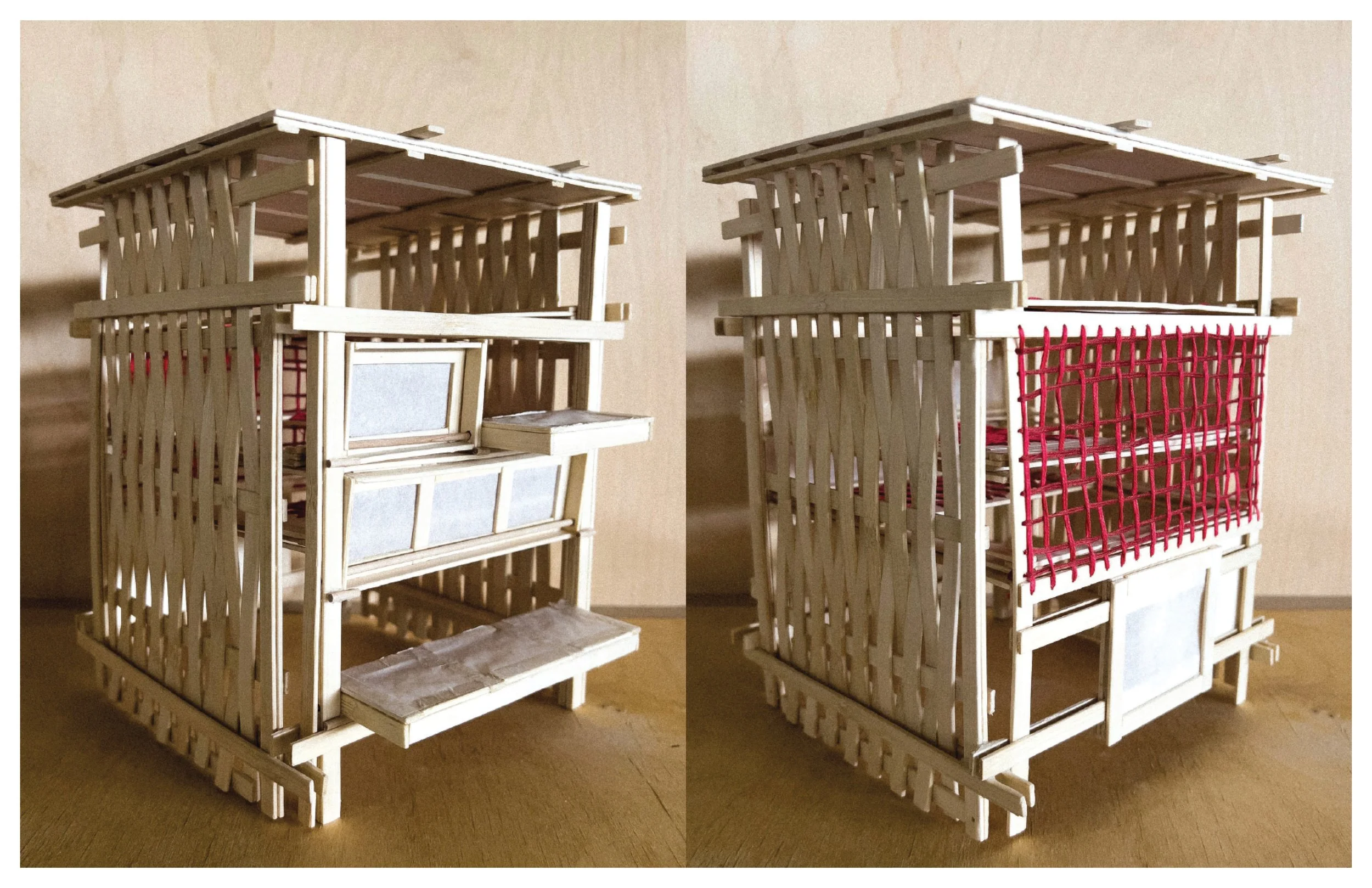 Miniature dollhouse made of wooden sticks with multiple shelves, including a red woven fabric window covering, and empty small furniture pieces inside, viewed from front and side angles.