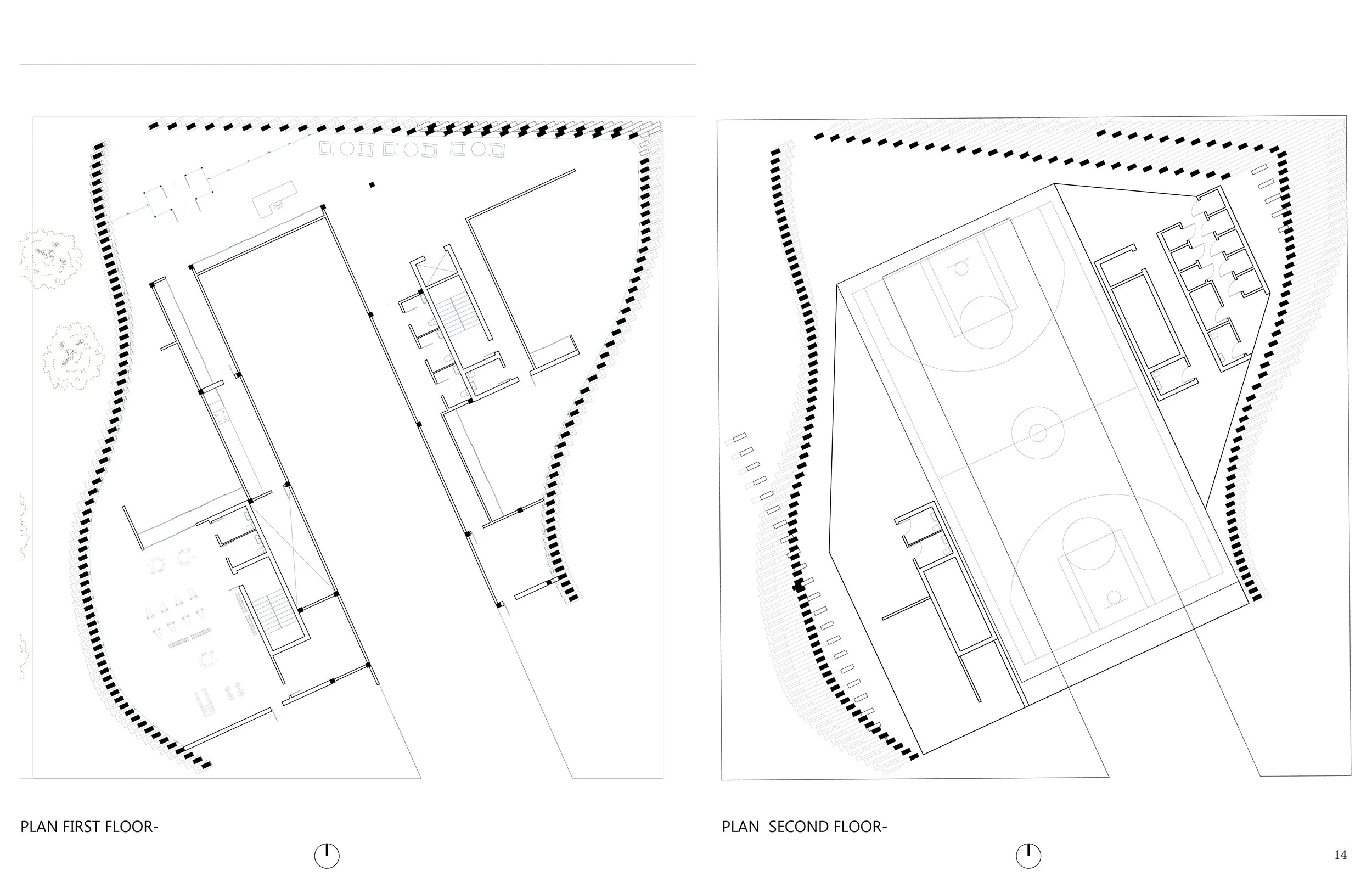 Architectural blueprint showing the first and second floor plans of a building with a sports court, gym, and various rooms.