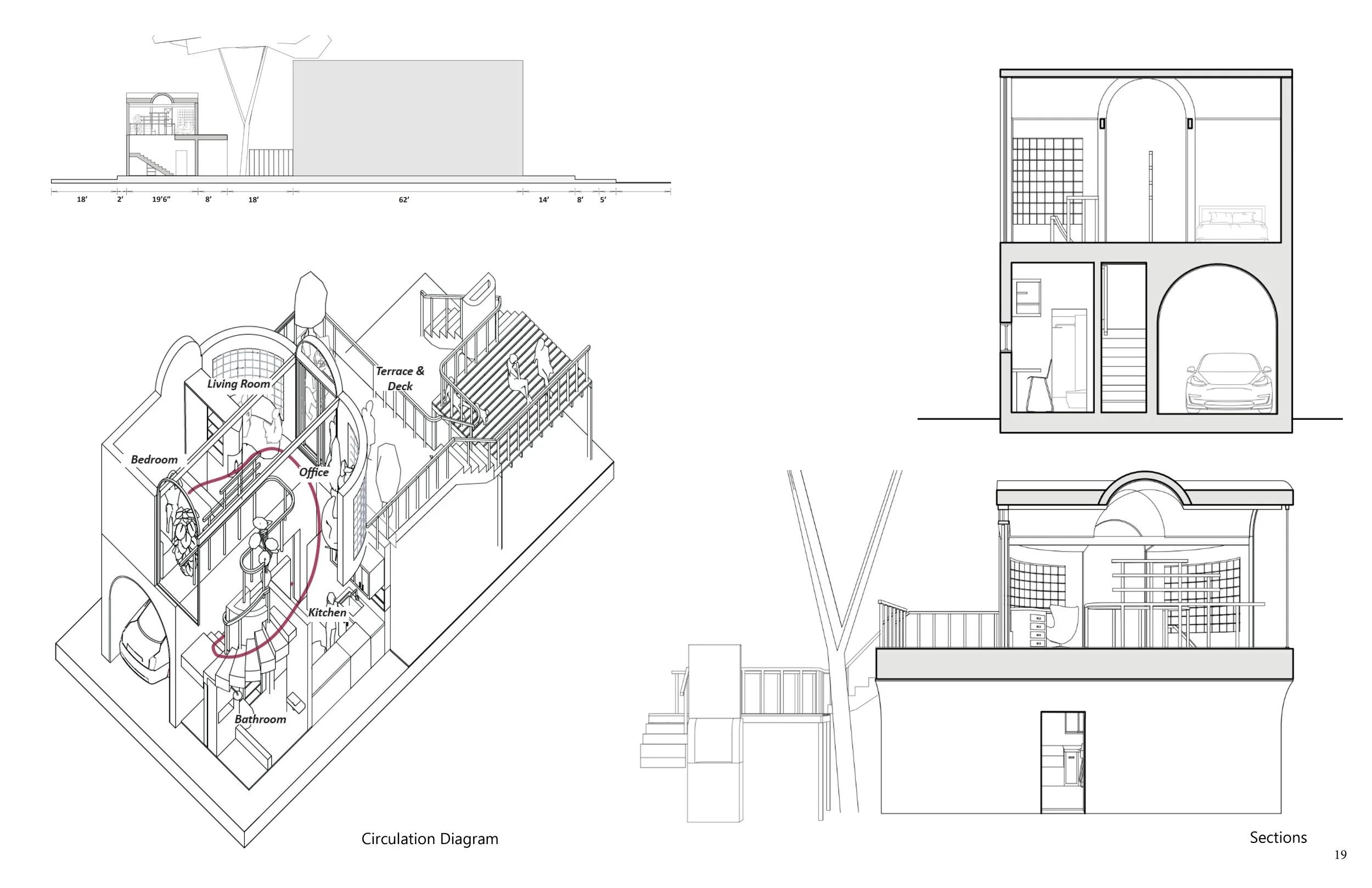 Architectural blueprint and diagrams of a multi-story house including sections, elevations, and circulation plan, with labeled rooms such as bedroom, living room, kitchen, office, bathroom, terrace, and deck.
