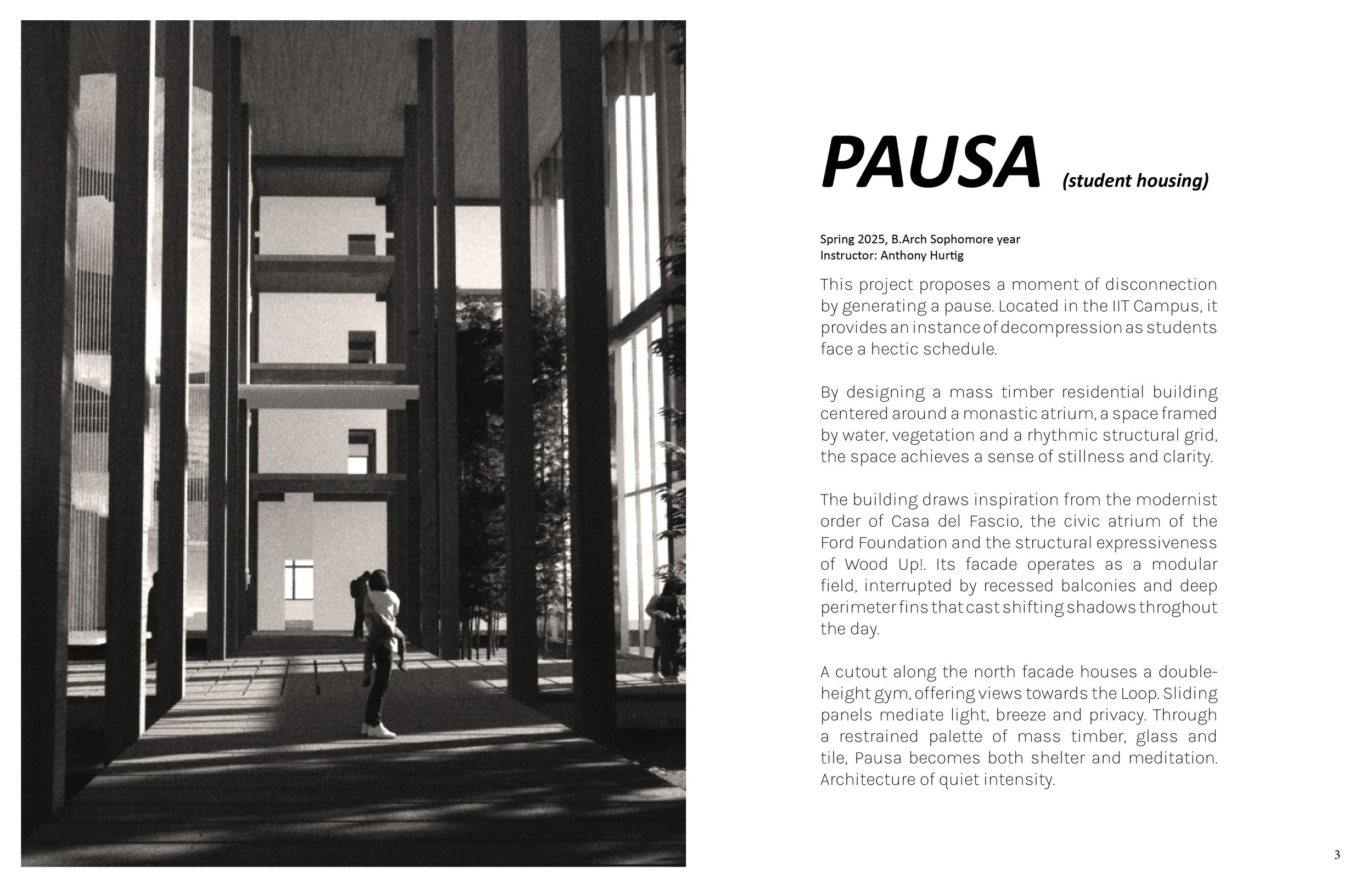 Interior of a modern timber student housing building with tall structural columns, a monastic atrium, and a person standing inside.