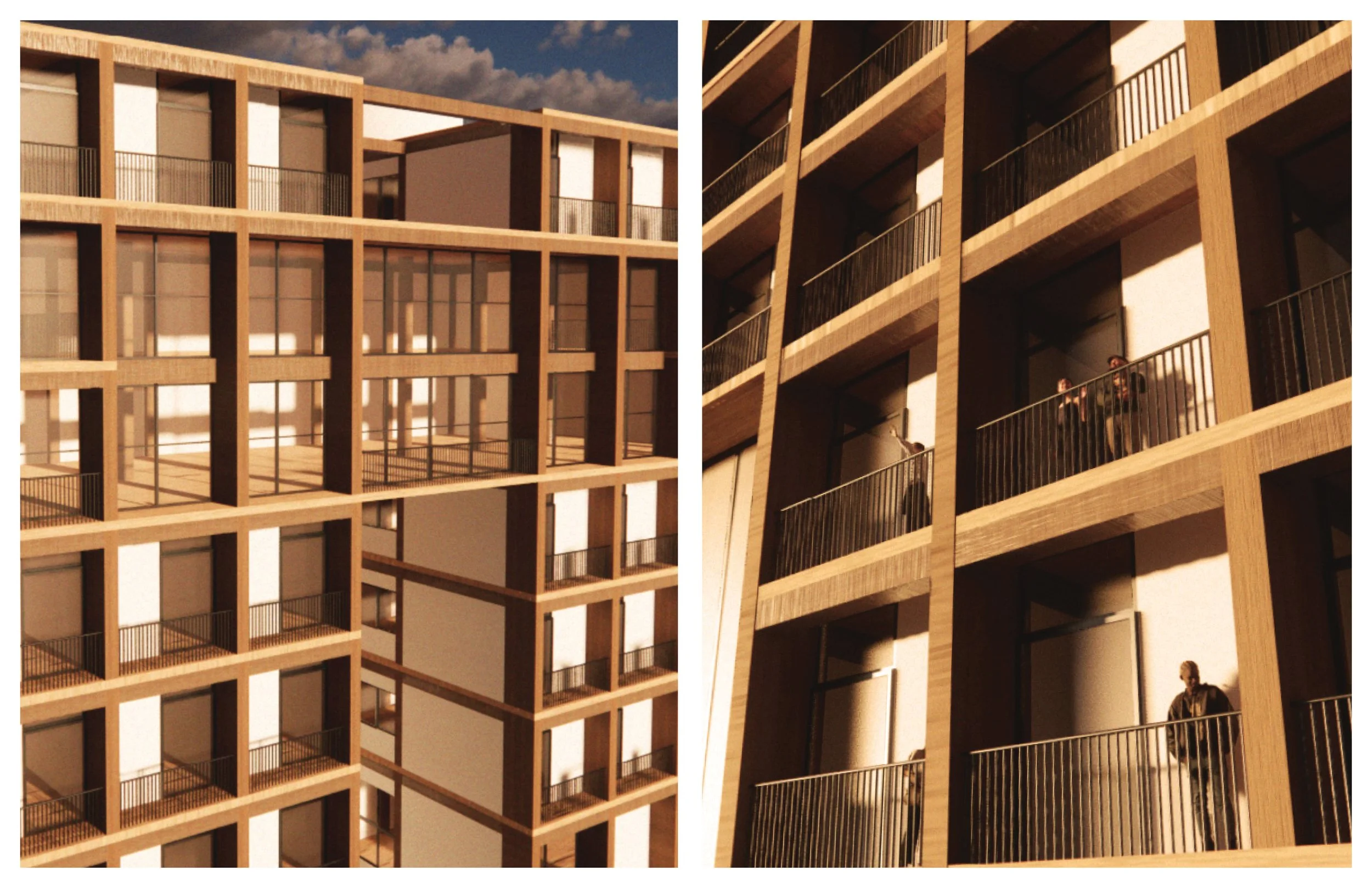 Side-by-side views of a modern multi-story apartment building with wooden and glass exterior. The left image shows the outside of the building with a partly cloudy sky, and the right image shows a close-up of the balconies with people standing on som