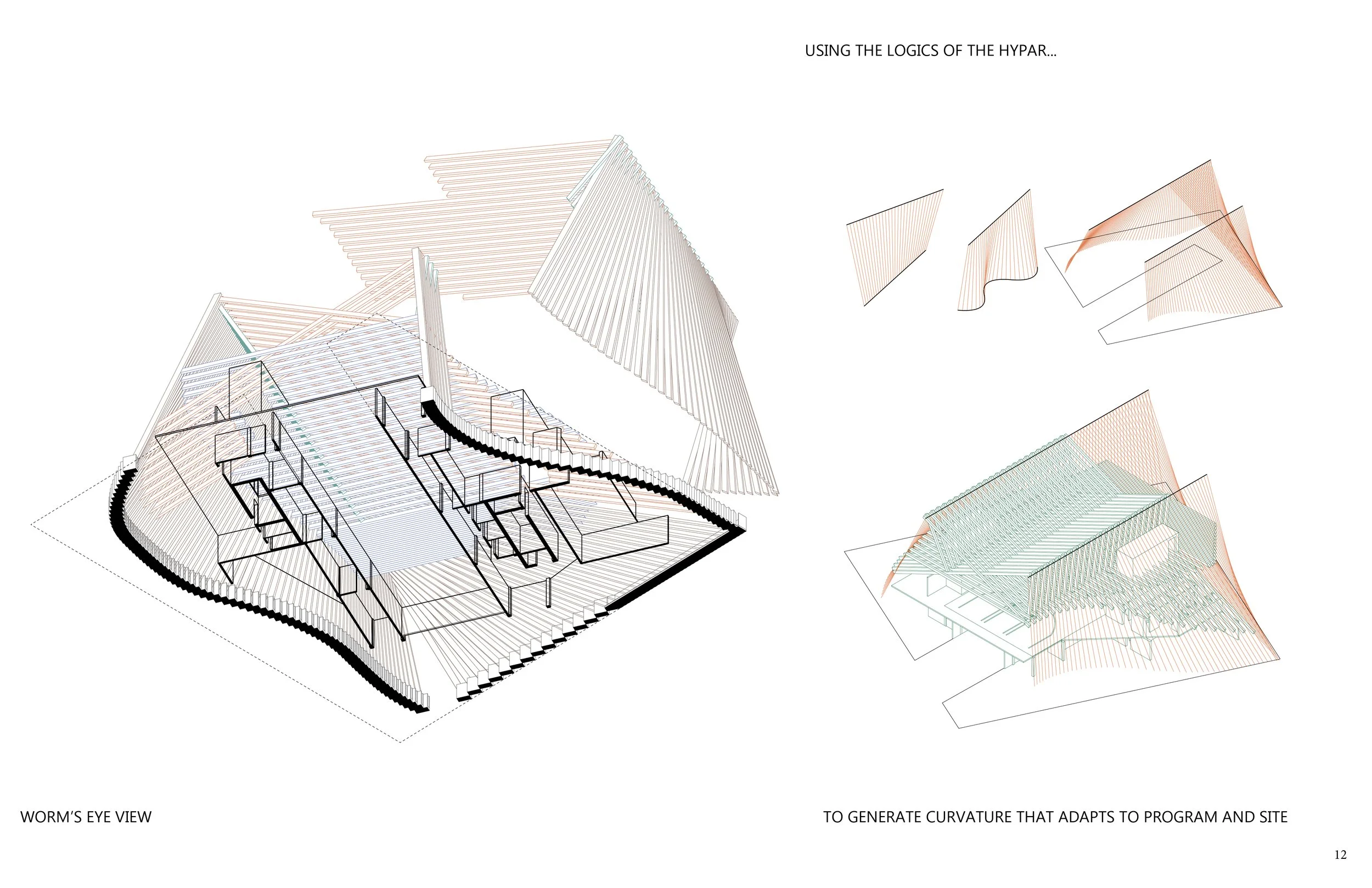Architectural diagram showing the construction process and conceptual design of a building, including wireframe models and curved surface elements with annotations.